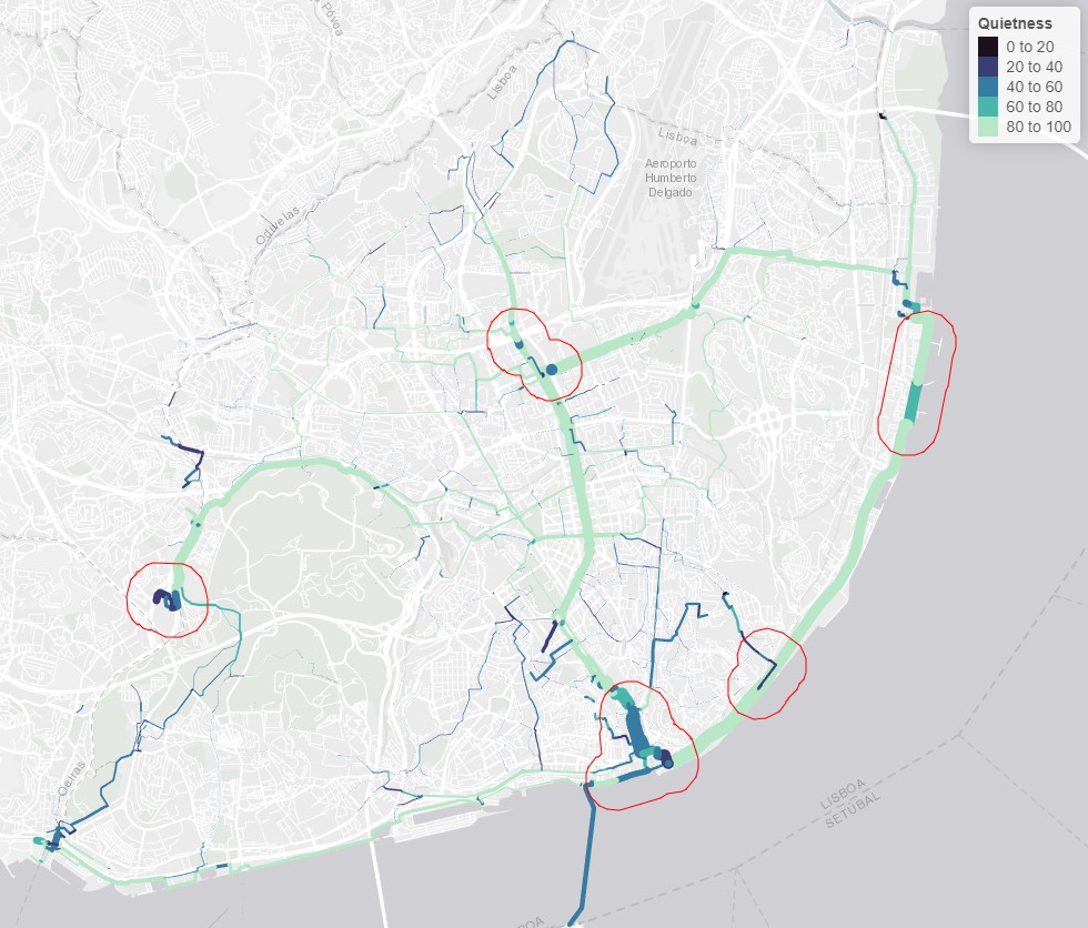 Segments on the transport network of Lisbon where investment in new cycling infrastructure should be prioritised according to the route networks generated using methods presented in this paper, alongside local knowledge.