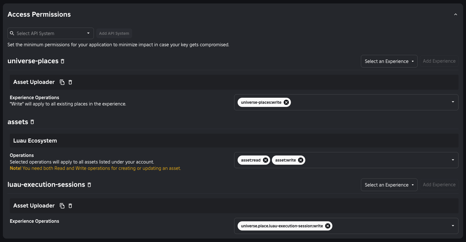 Screenshot of the Edit API Key page showing the Access Permissions section