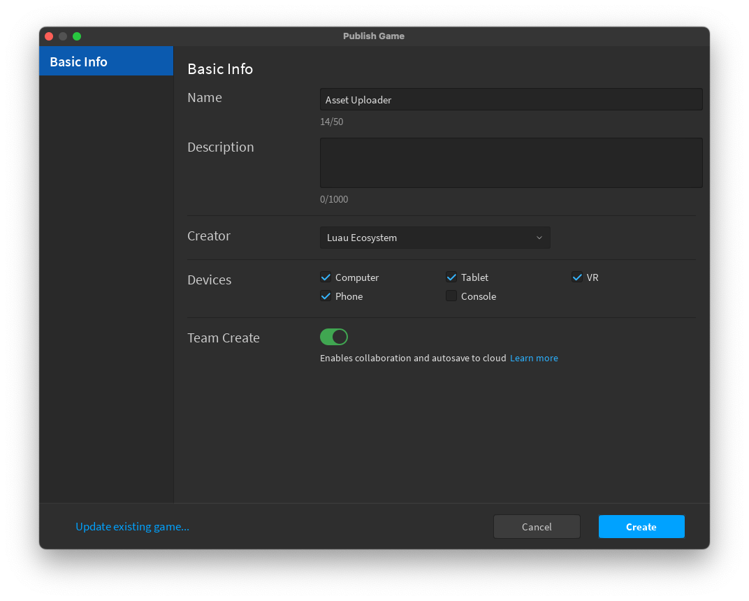 Screenshot of the Publish Game dialog window in Studio for uploading the new Experience. The name is set to "Asset Uploader" and is being published to a Group