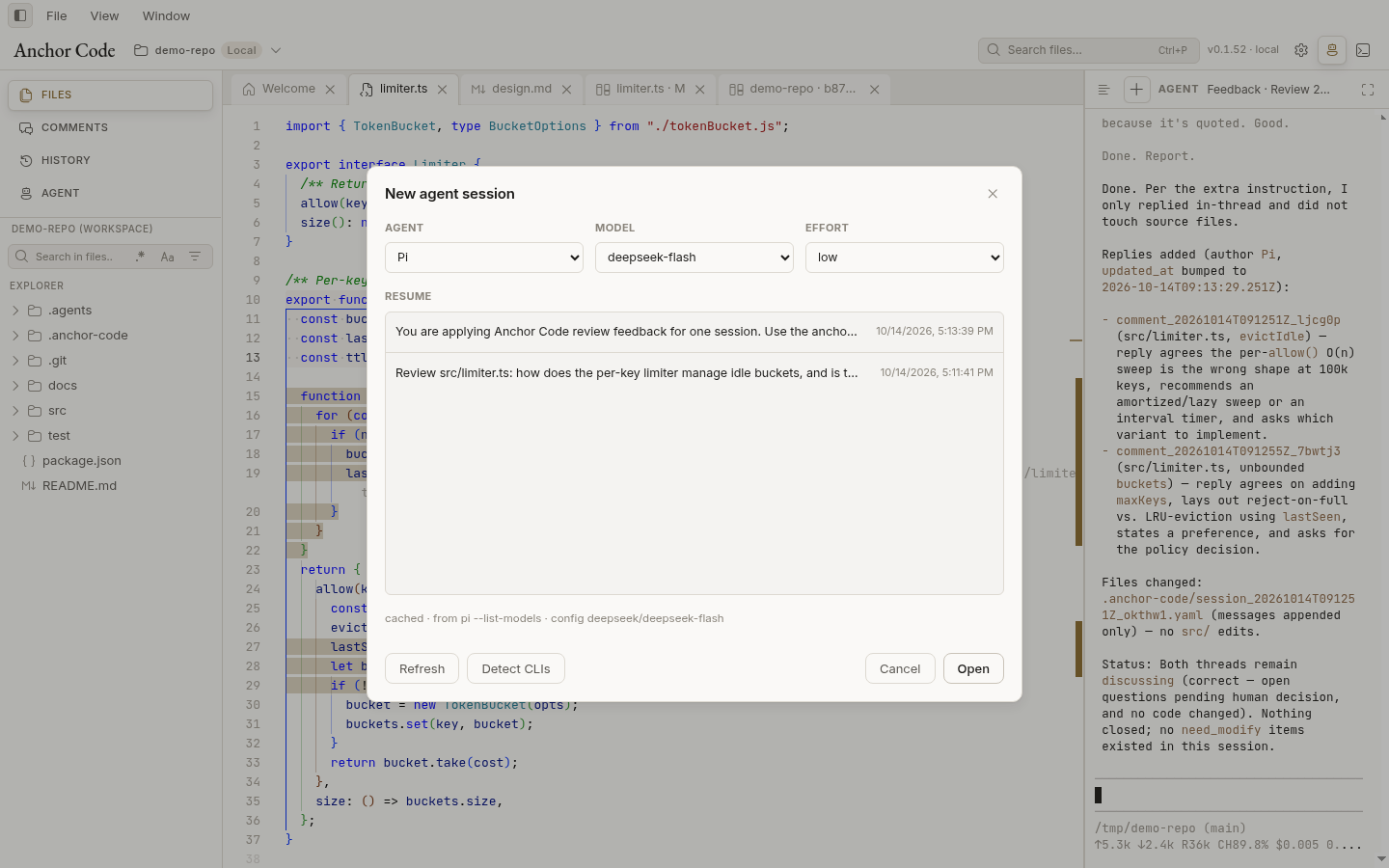 New agent session dialog with Pi selected, its DeepSeek models, and resumable Pi sessions
