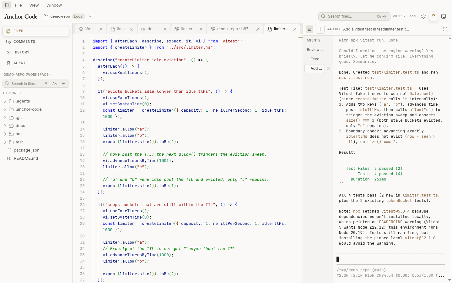 Three Pi sessions in the agent panel; one has just written and run a new test