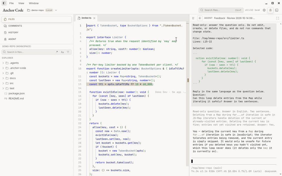 Selecting code, asking Pi about it, and getting the answer in the agent panel