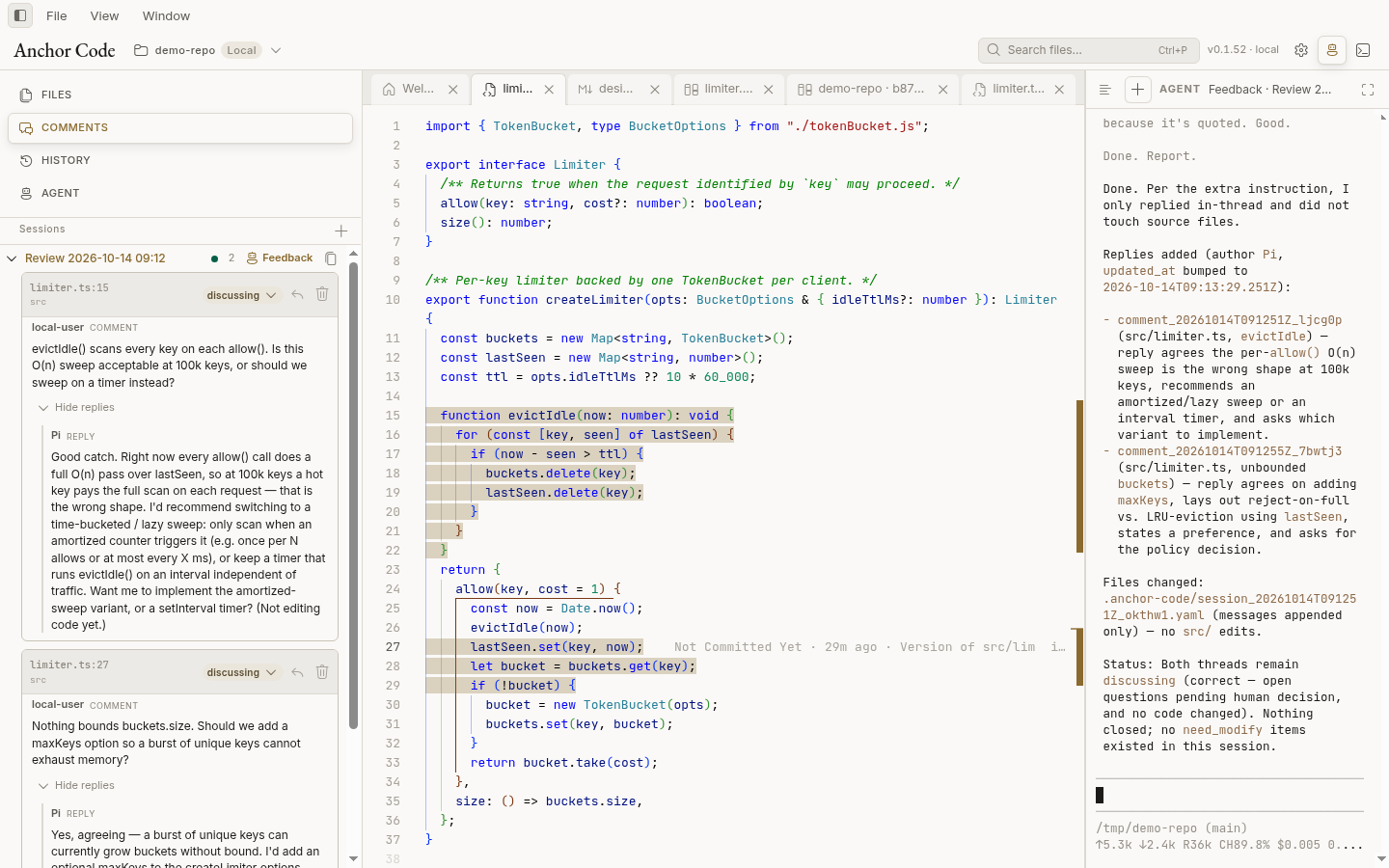 Review session with line-anchored comments and replies from the Pi agent
