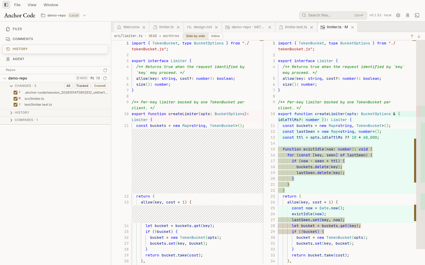 Side-by-side diff of an uncommitted change