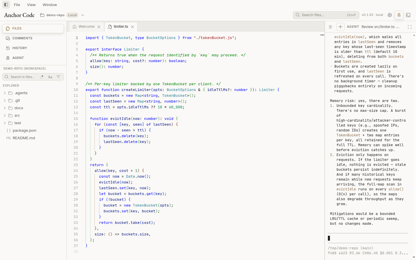 Anchor Code: file tree, source with review highlights, and an agent session in the side panel