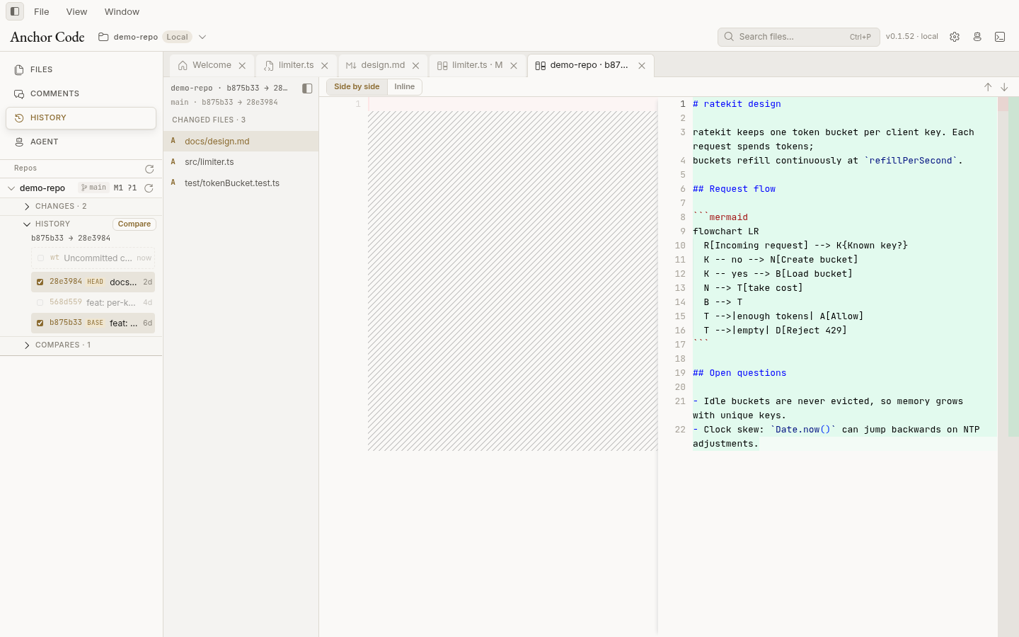 History: two commits selected and compared, with the changed-file list