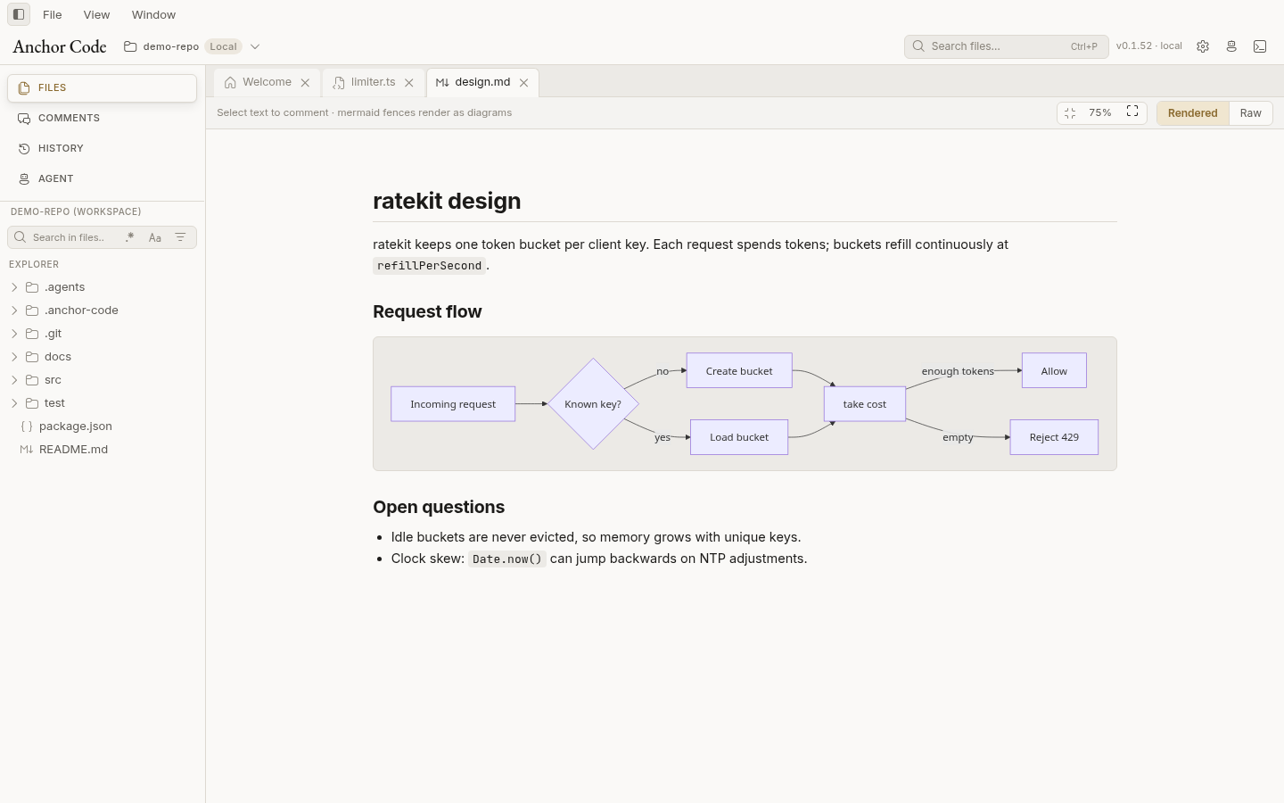 Rendered Markdown design doc with a Mermaid flowchart