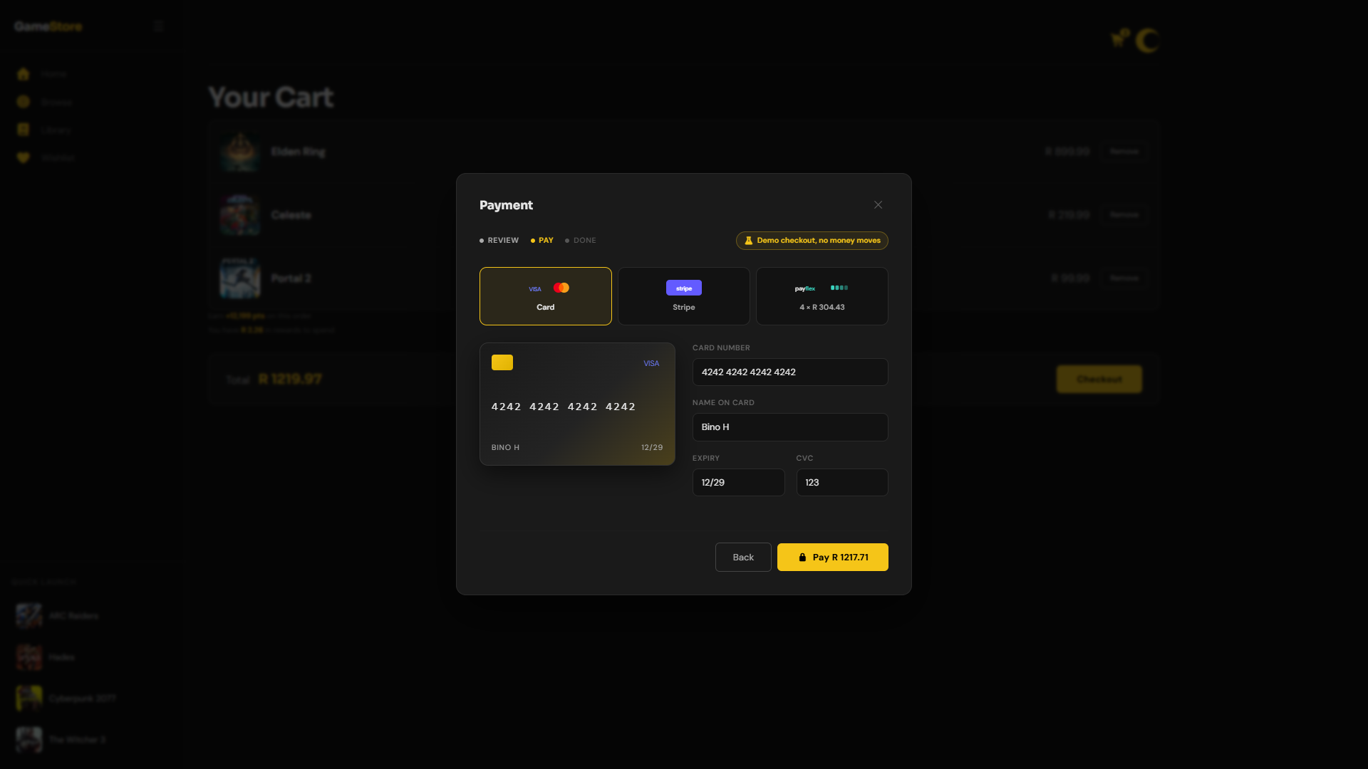 GameStore checkout, pay step: Card, Stripe and Payflex options, a live card preview and a 'Demo checkout, no money moves' badge