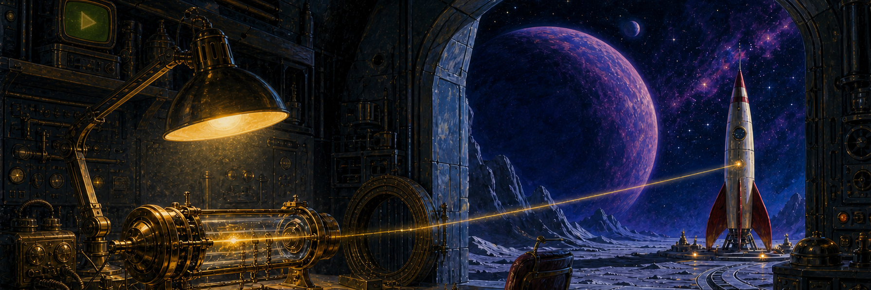 A retro-futurist interplanetary workshop at night, with RAN machinery surrounding a rocket ready for launch.