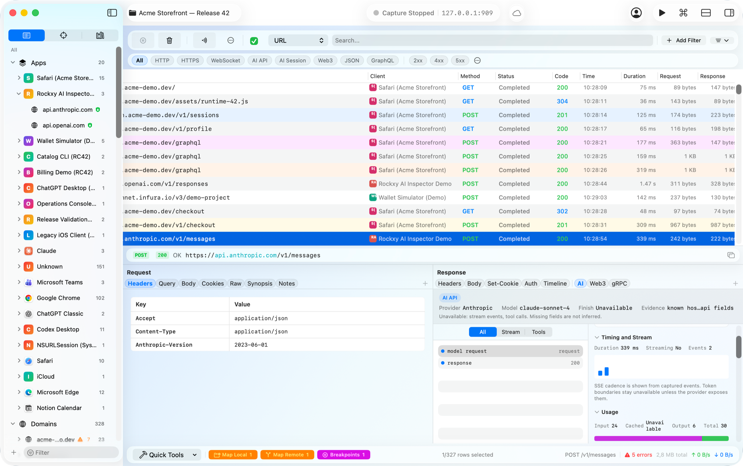 Rockxy inspecting an AI API streaming response with provider, model, tool events, timing, redacted authorization, and rate-limit context