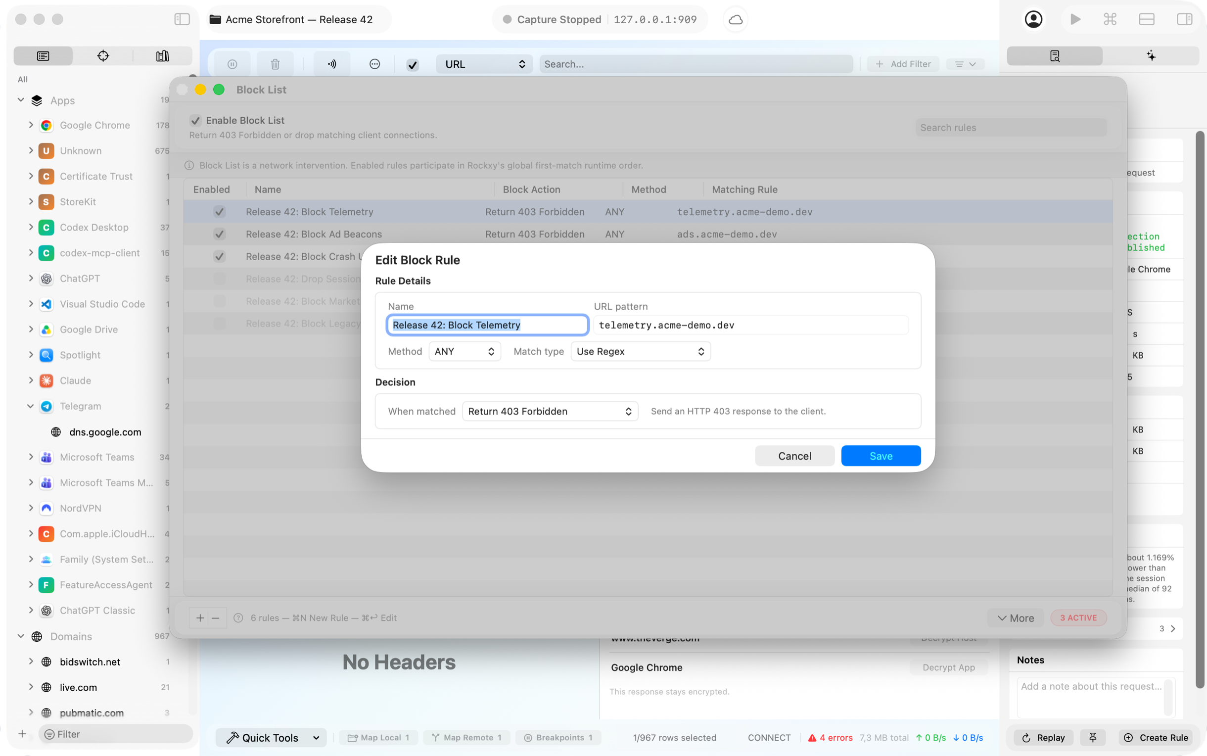 Rockxy block list dropping ad networks and flaky dependencies to simulate outages