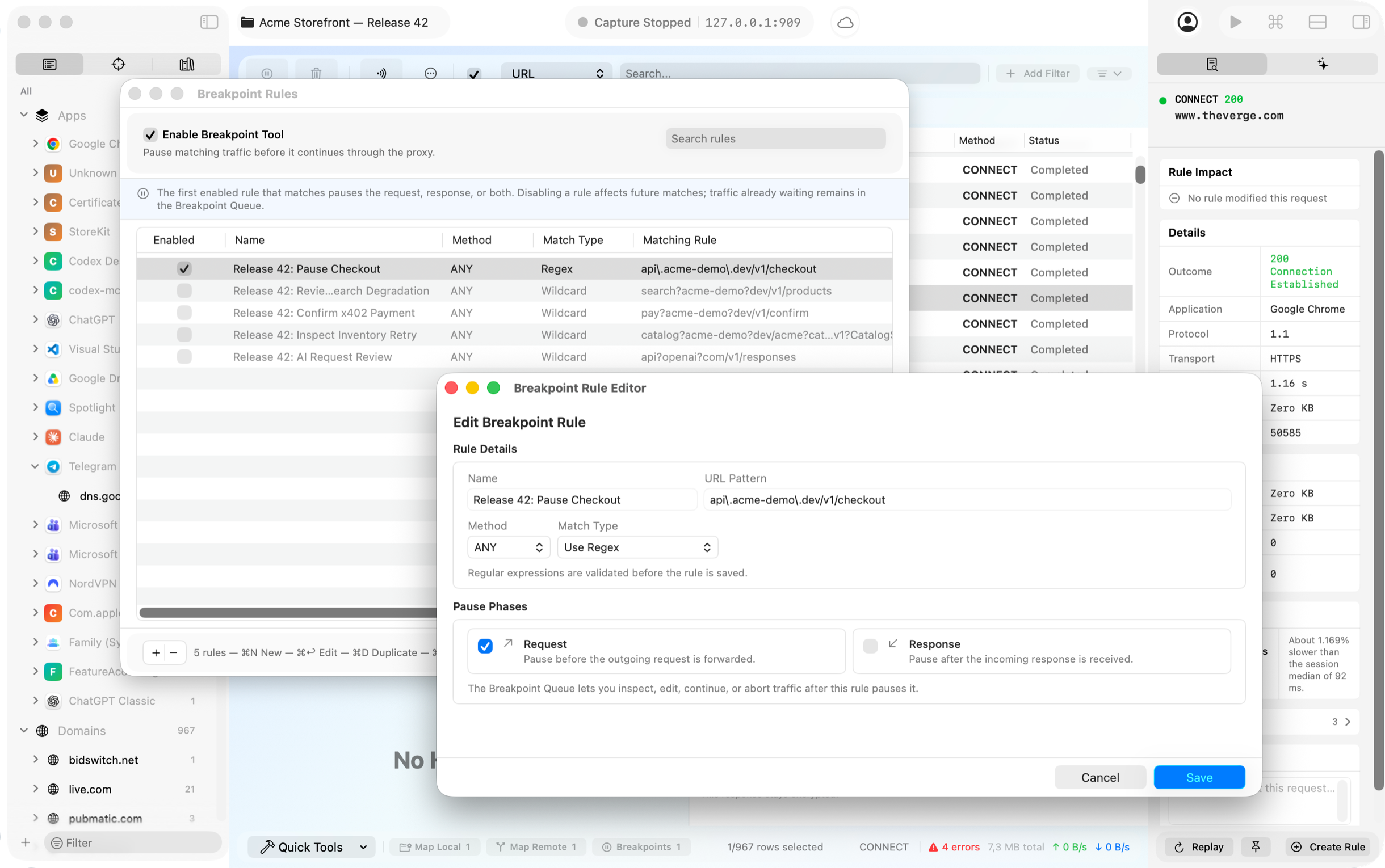 Rockxy breakpoints pausing a request to edit method, headers, body, or status mid-flight