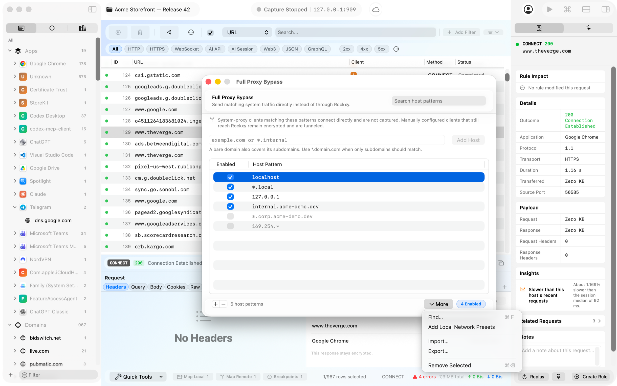 Rockxy bypass proxy list skipping cert-pinned apps and noisy telemetry hosts
