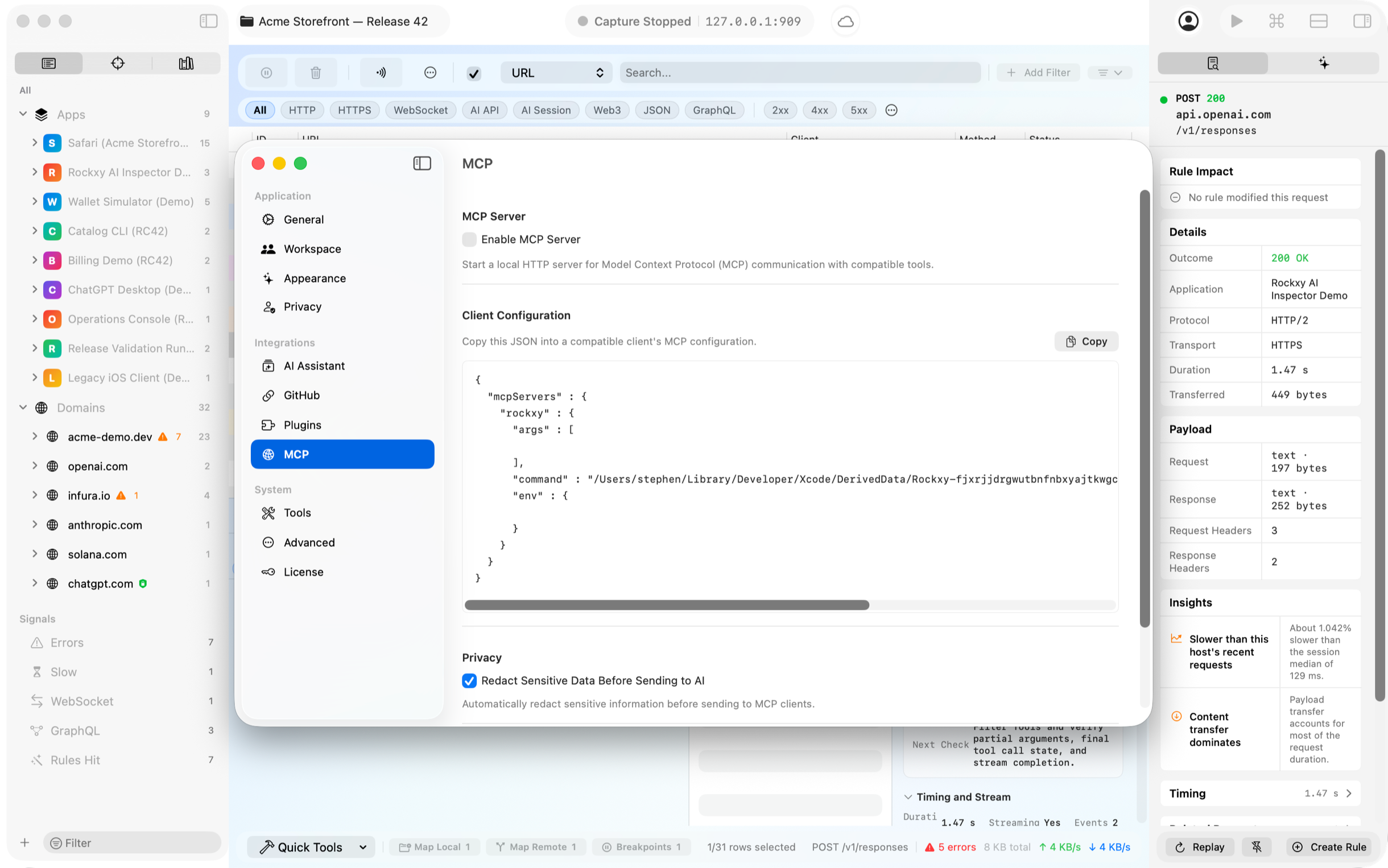 Rockxy local MCP server exposing captured traffic to Claude Desktop and Cursor