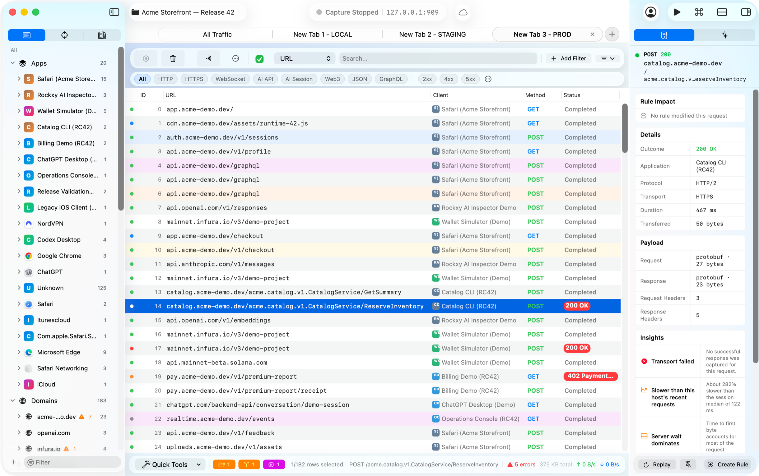 Rockxy multi-tab workspaces showing independently filtered views of the same live capture