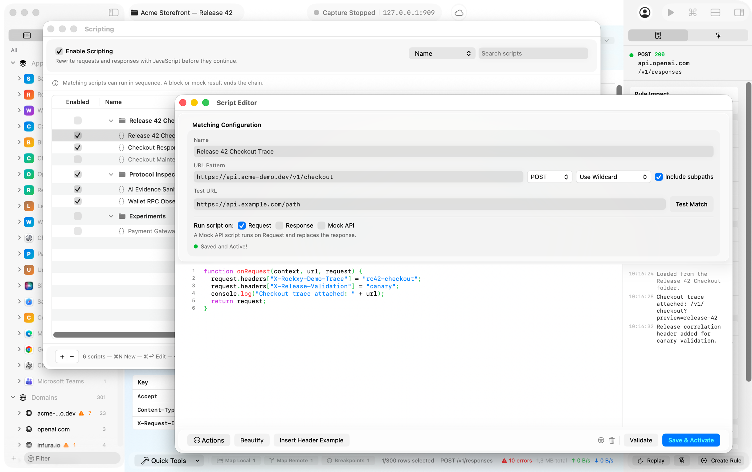 Rockxy JavaScript scripting with request and response hooks and inline error feedback