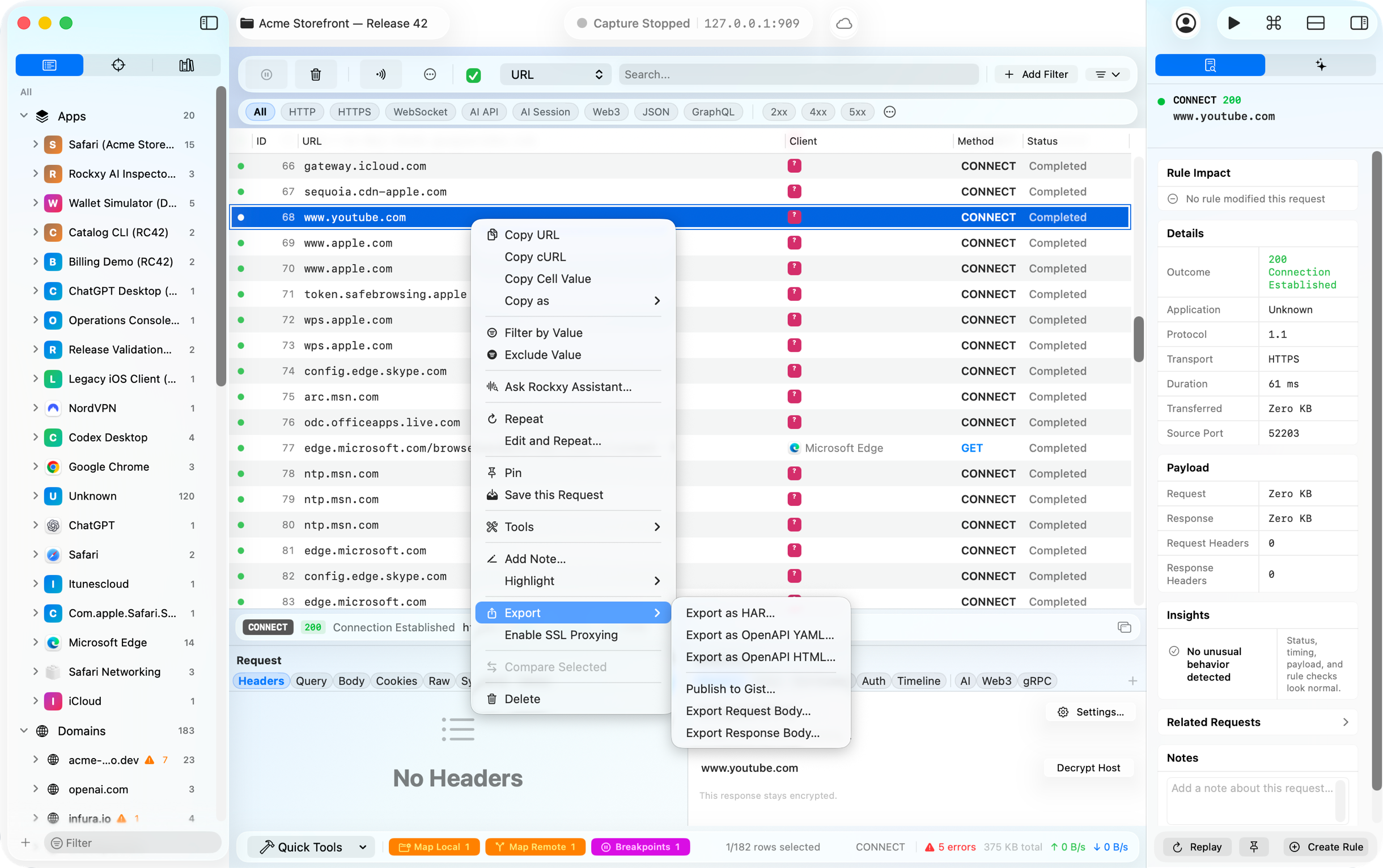 Rockxy session export to HAR, cURL, and JSON with secret redaction before sharing