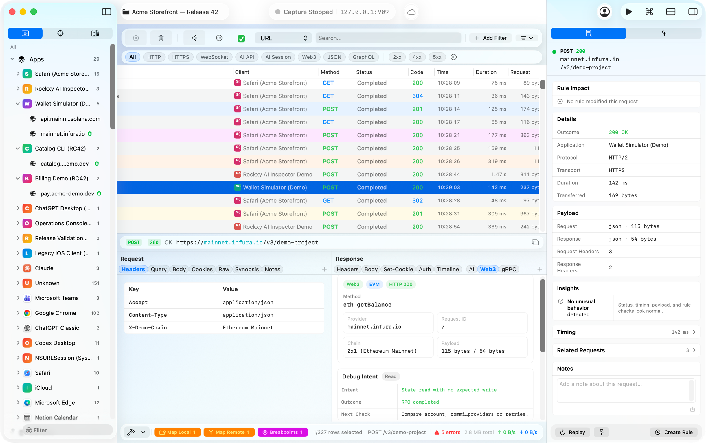 Rockxy inspecting an Ethereum eth_getBalance Web3 request with chain context, request metadata, response details, timing, and rule impact