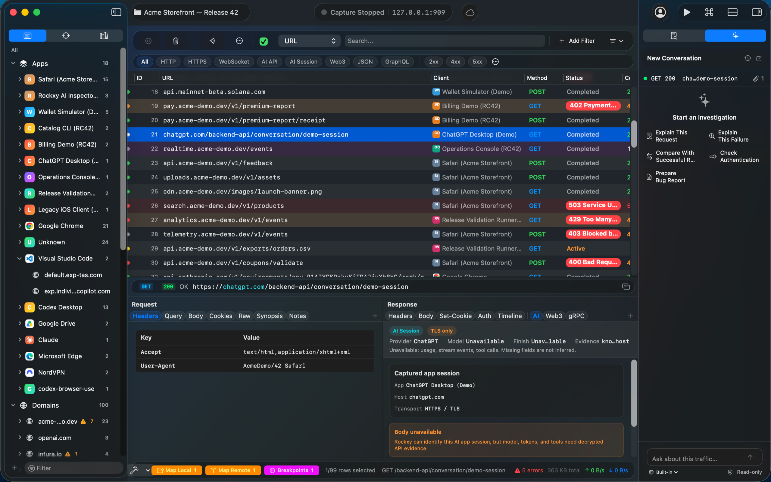 Rockxy workspace in dark appearance