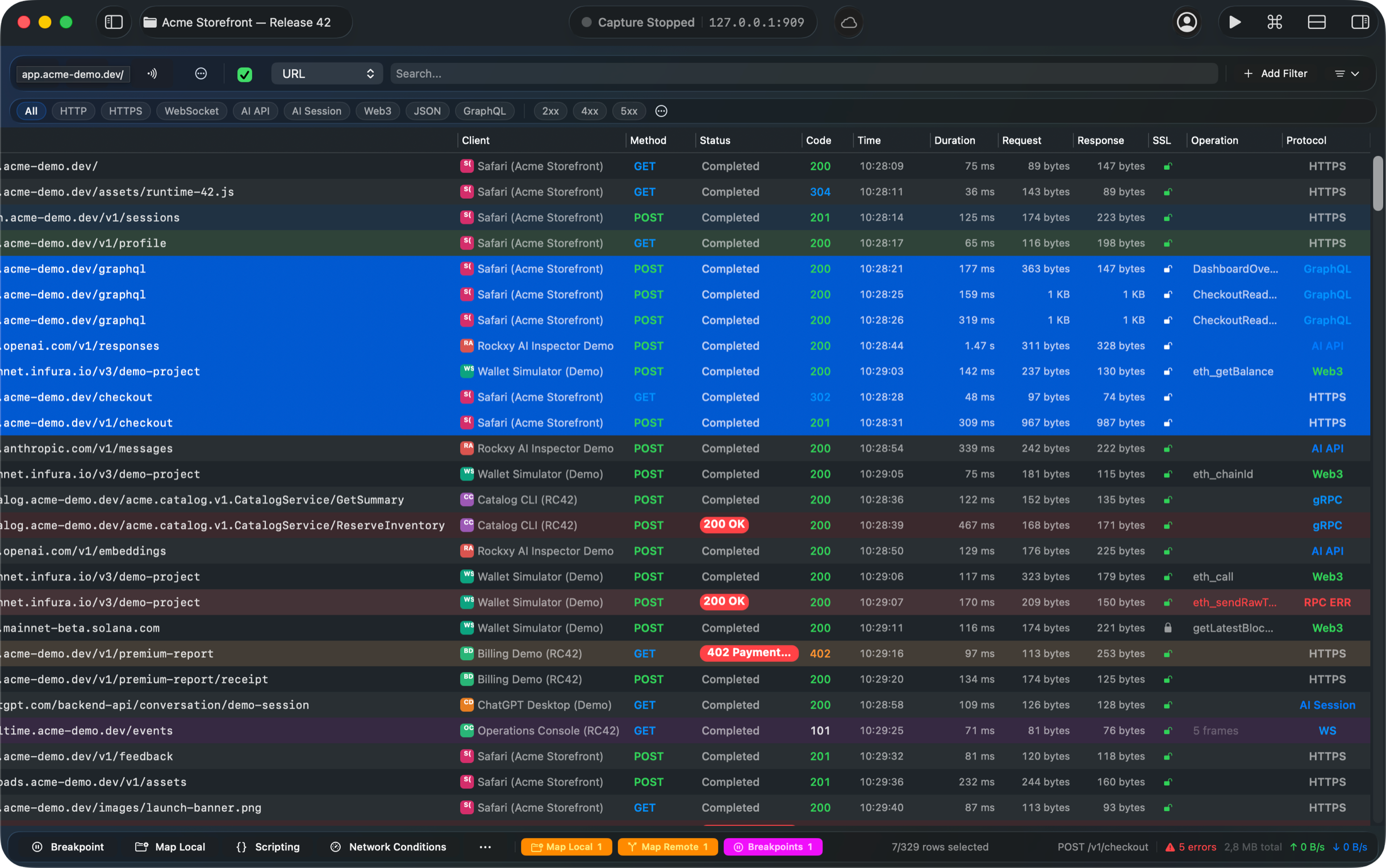 Rockxy AI and Web3 traffic capture in dark appearance