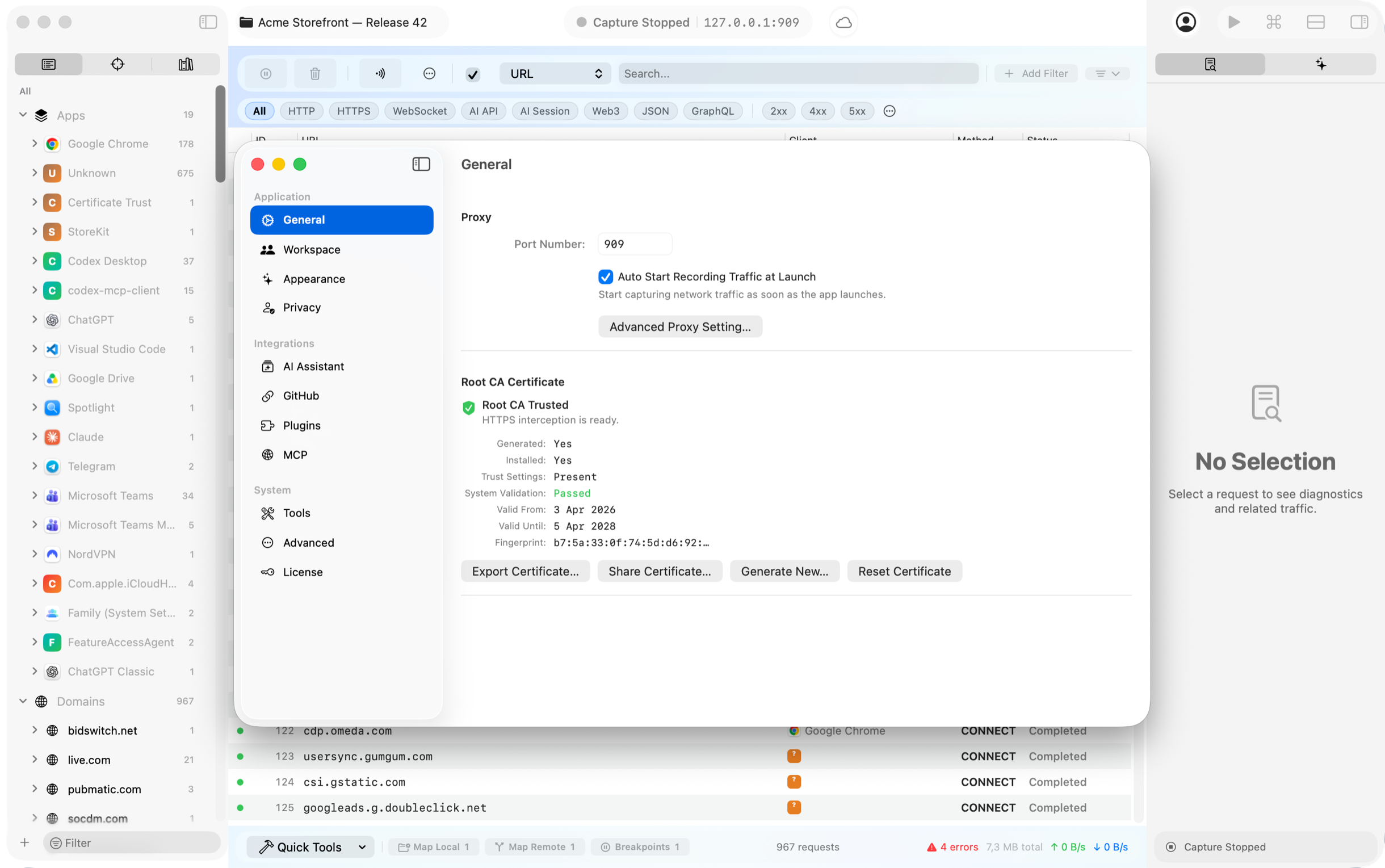 Rockxy certificate management with a P-256 ECDSA root CA sealed in the Keychain