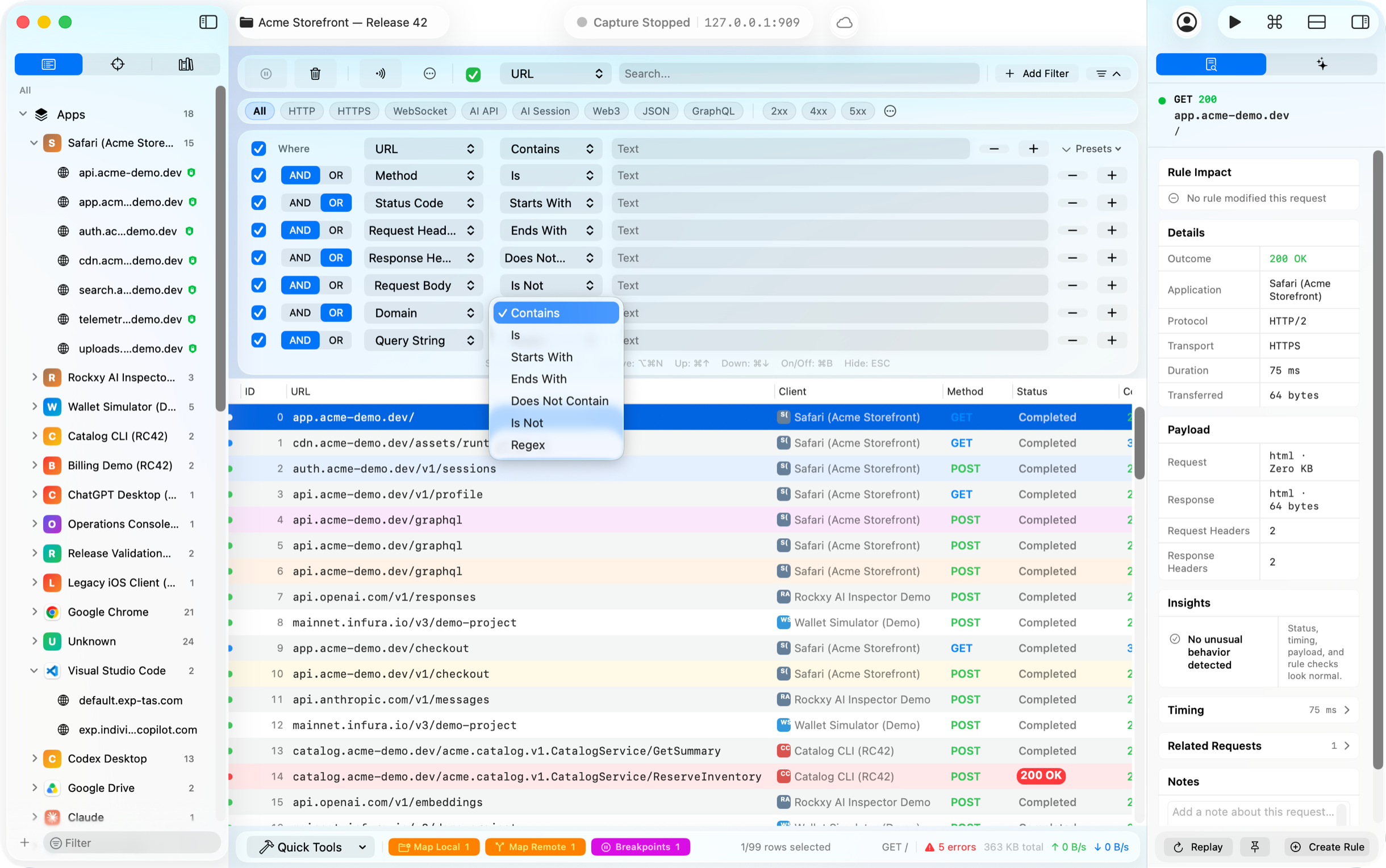 Rockxy advanced filtering with multi-field filters and full-text search across a session