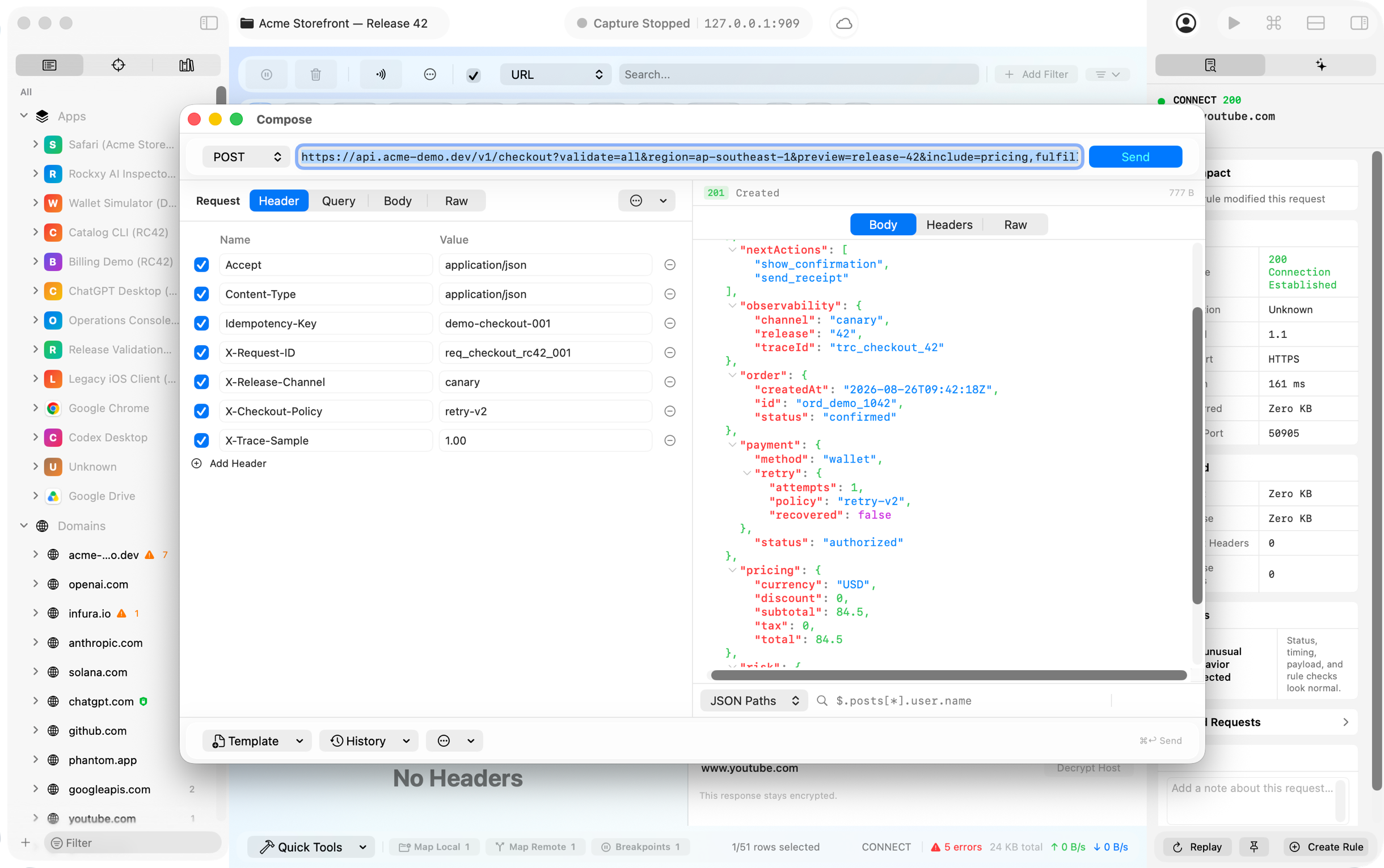 Rockxy Compose editing and replaying a captured HTTP request without leaving the app