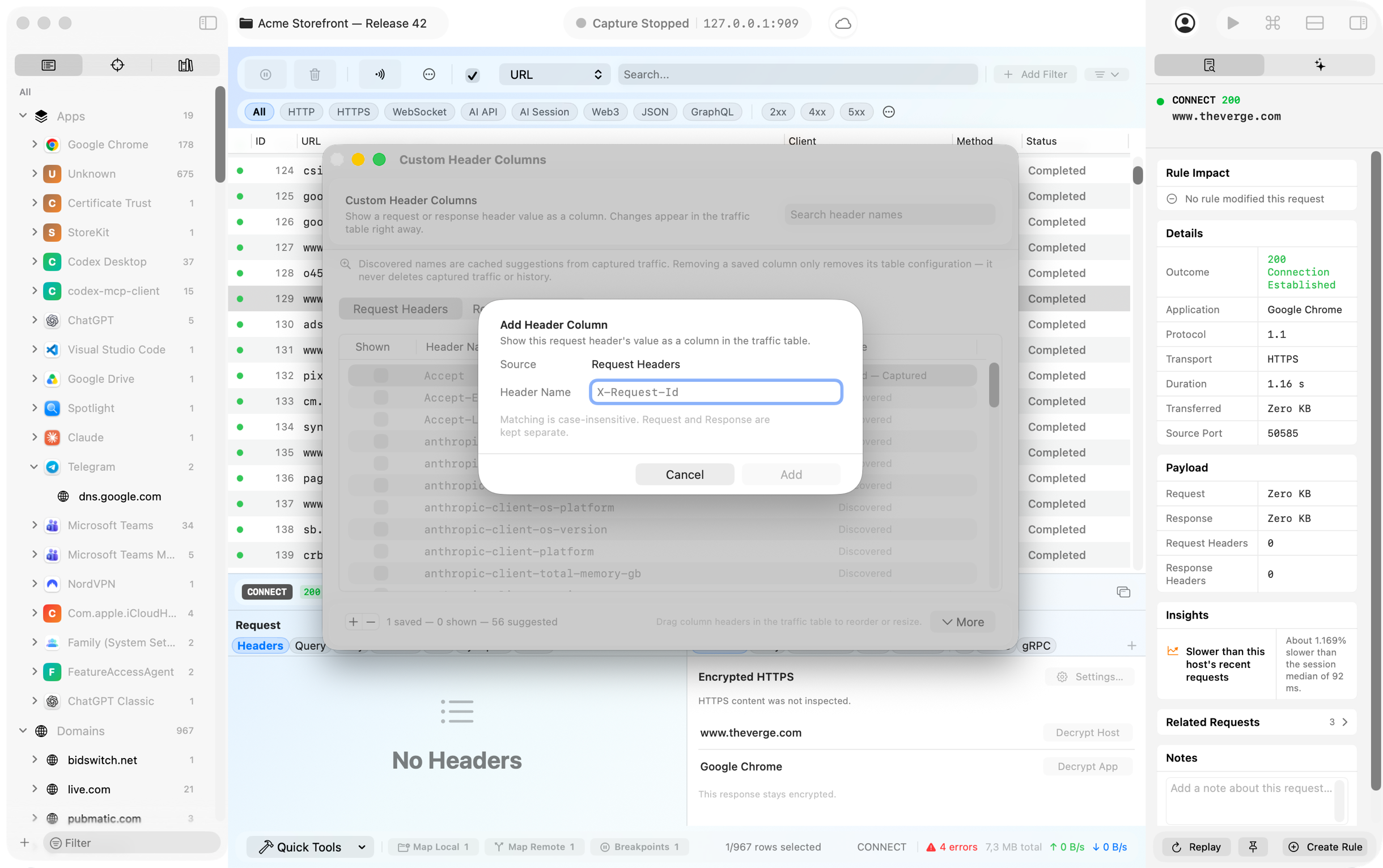 Rockxy custom request and response header columns with a saved X-Trace-ID response column
