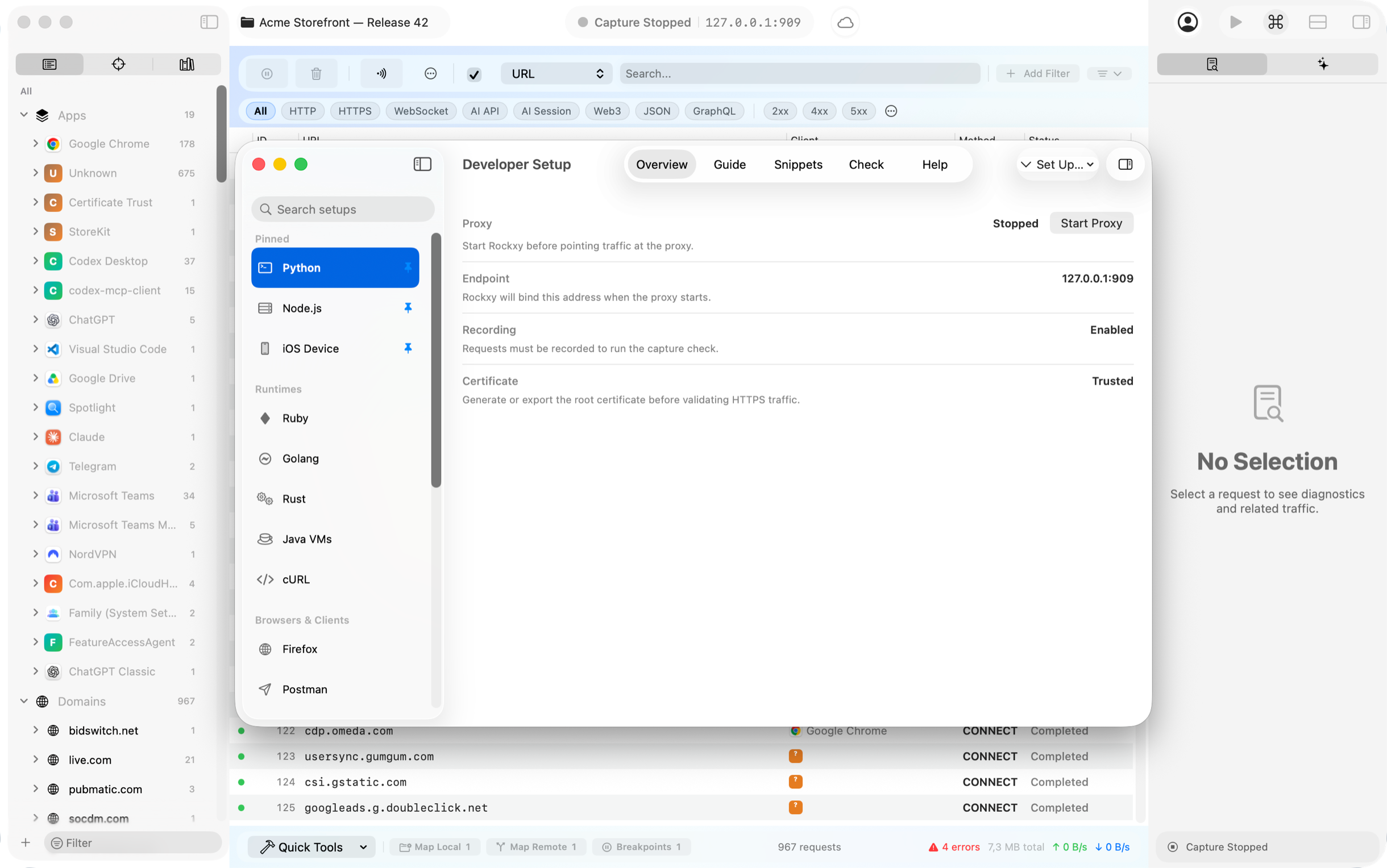 Rockxy Developer Setup Hub with copy-paste proxy snippets and one-click verify