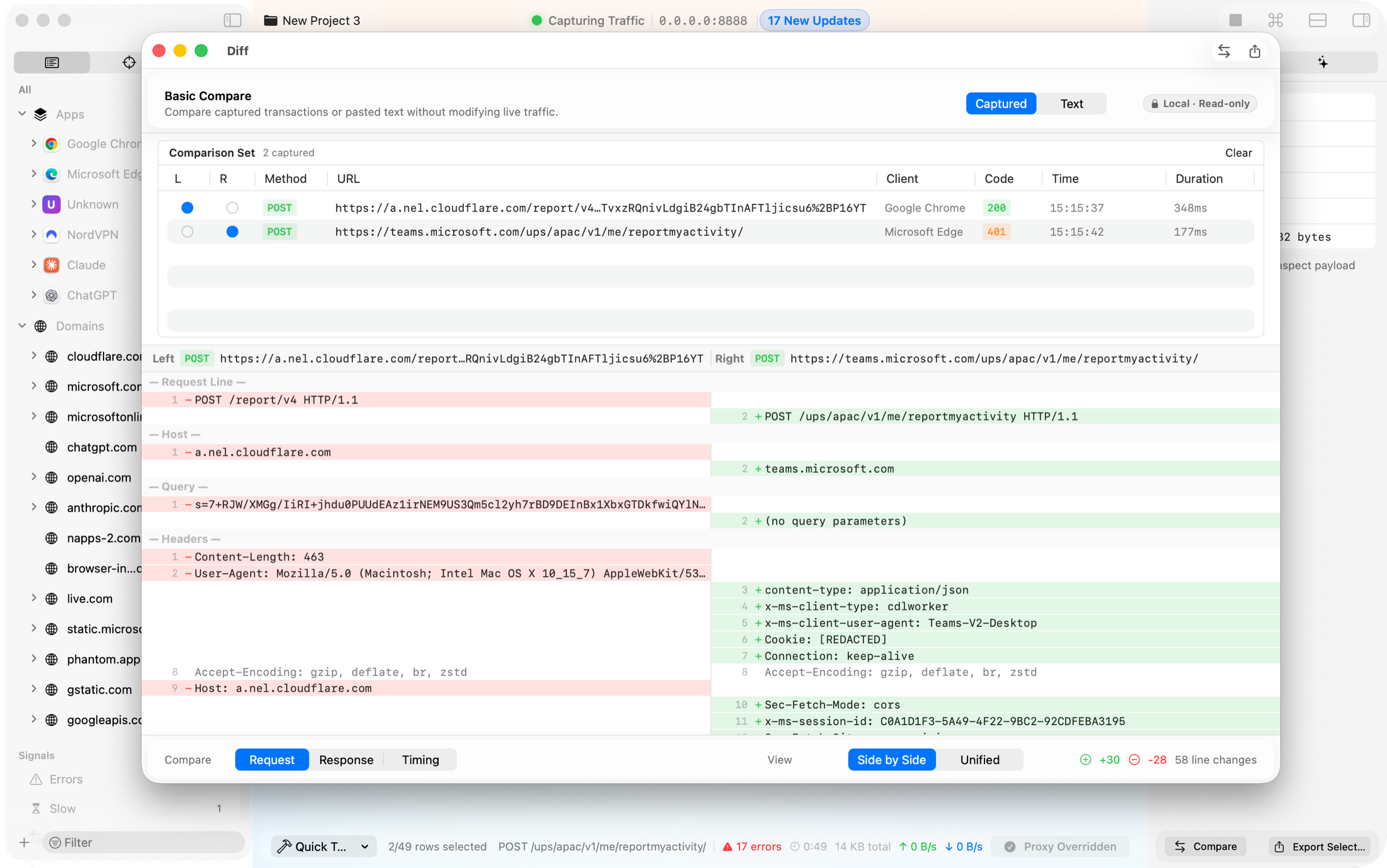Rockxy comparing two synthetic JSON payloads side-by-side in the local read-only diff workspace
