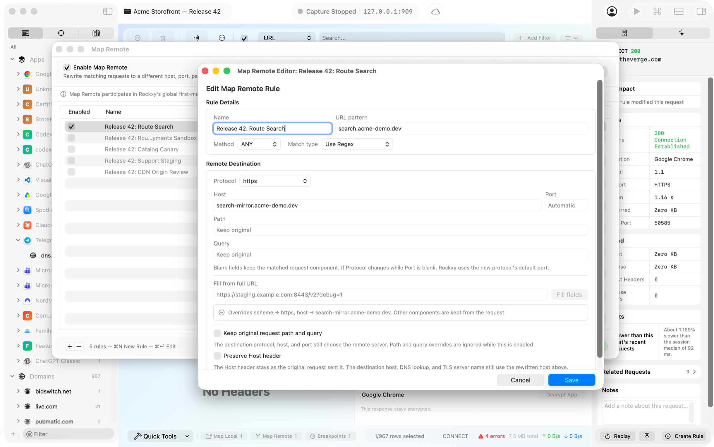 Rockxy Map Remote rewriting a request destination from production to staging
