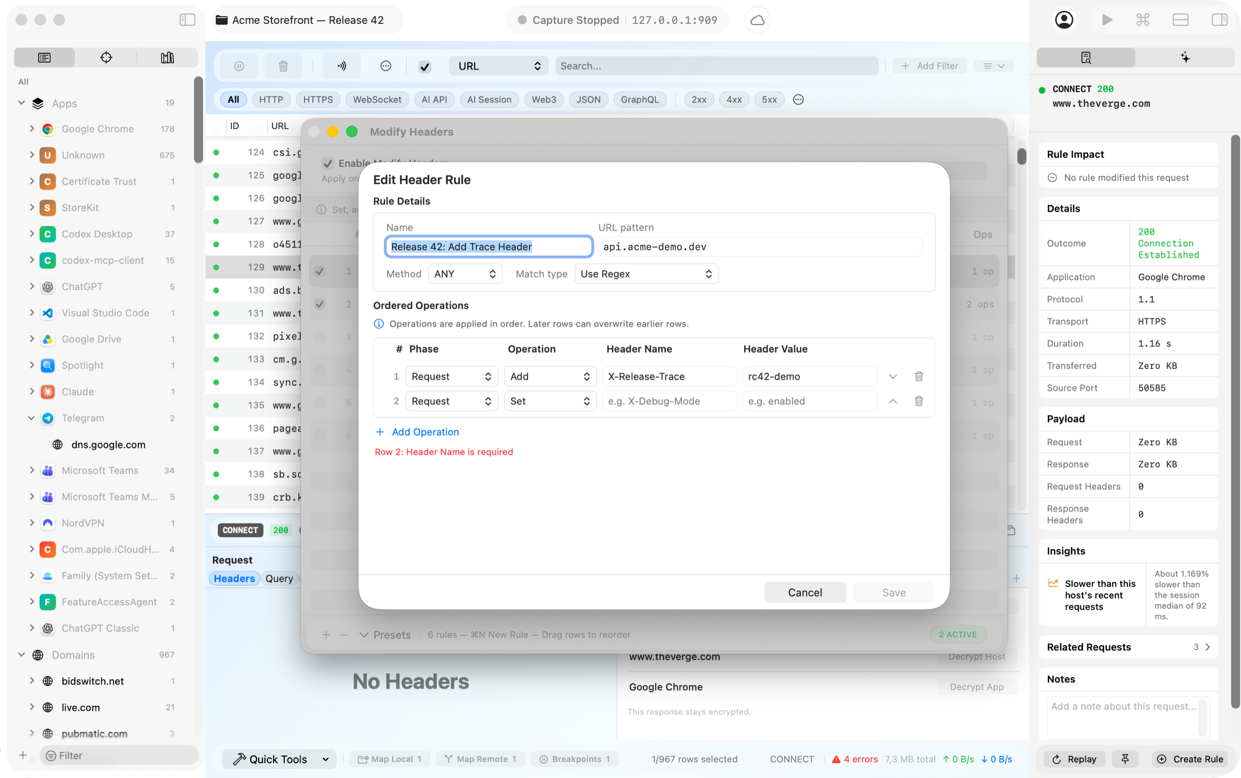 Rockxy modifying request and response headers per host with CORS and auth presets