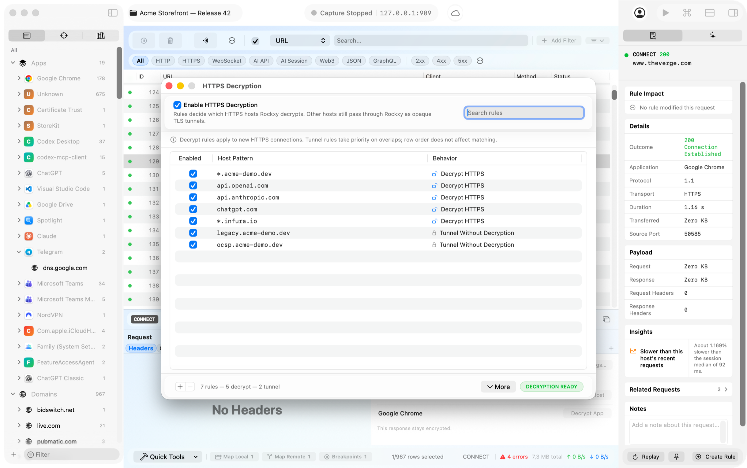 Rockxy SSL proxy settings showing per-host TLS decryption rules with wildcard patterns and allow list