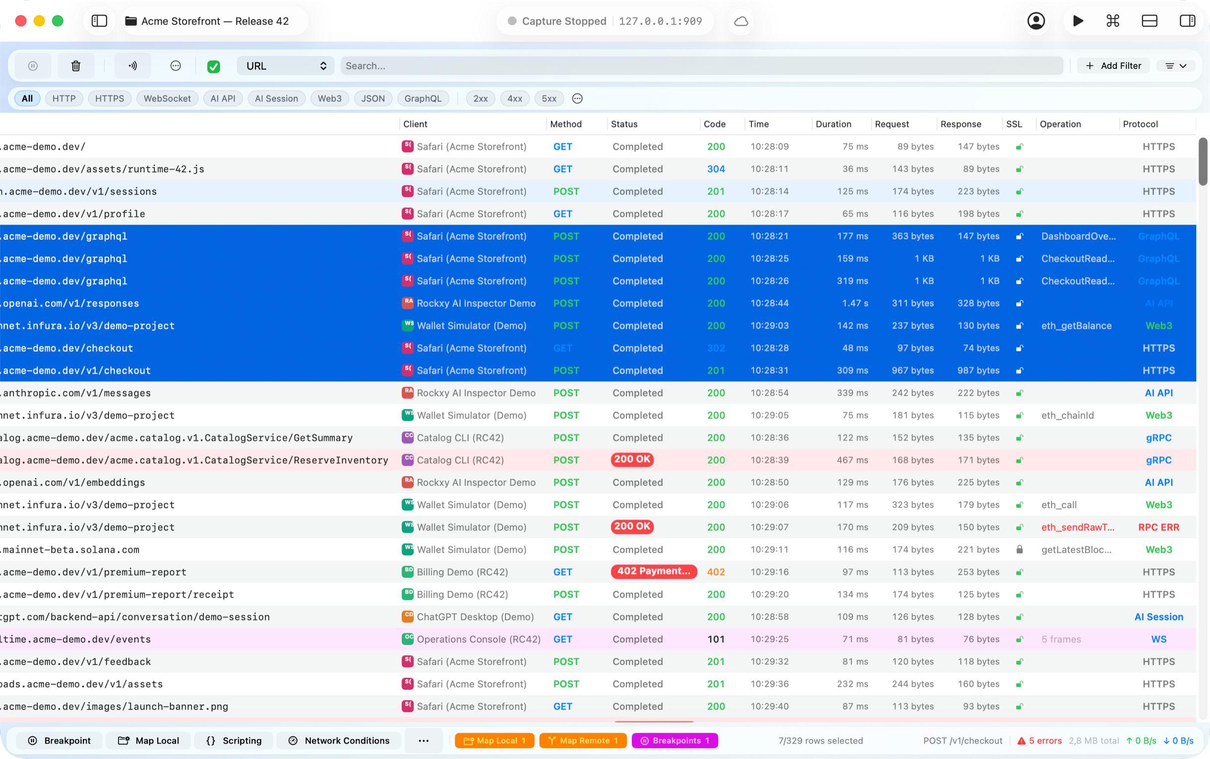 Rockxy AI and Web3 traffic capture in light appearance
