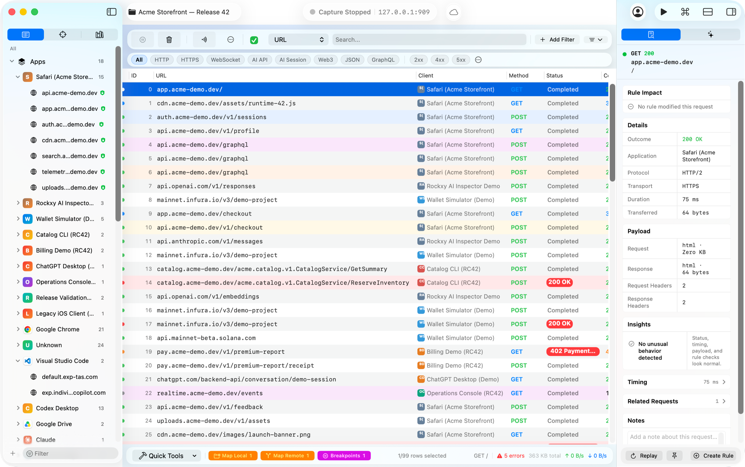 Rockxy capturing HTTP, HTTPS, WebSocket, and GraphQL traffic with a timing waterfall