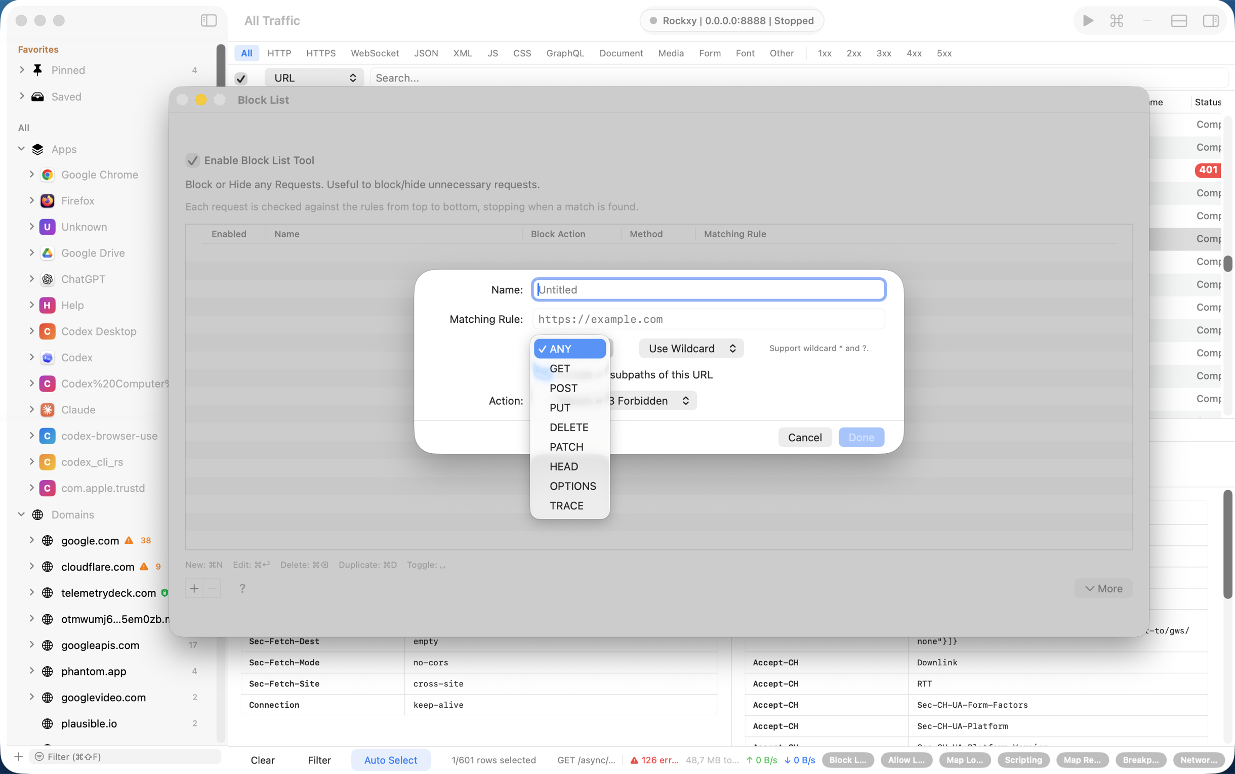 Rockxy block list dropping ad networks and flaky dependencies to simulate outages