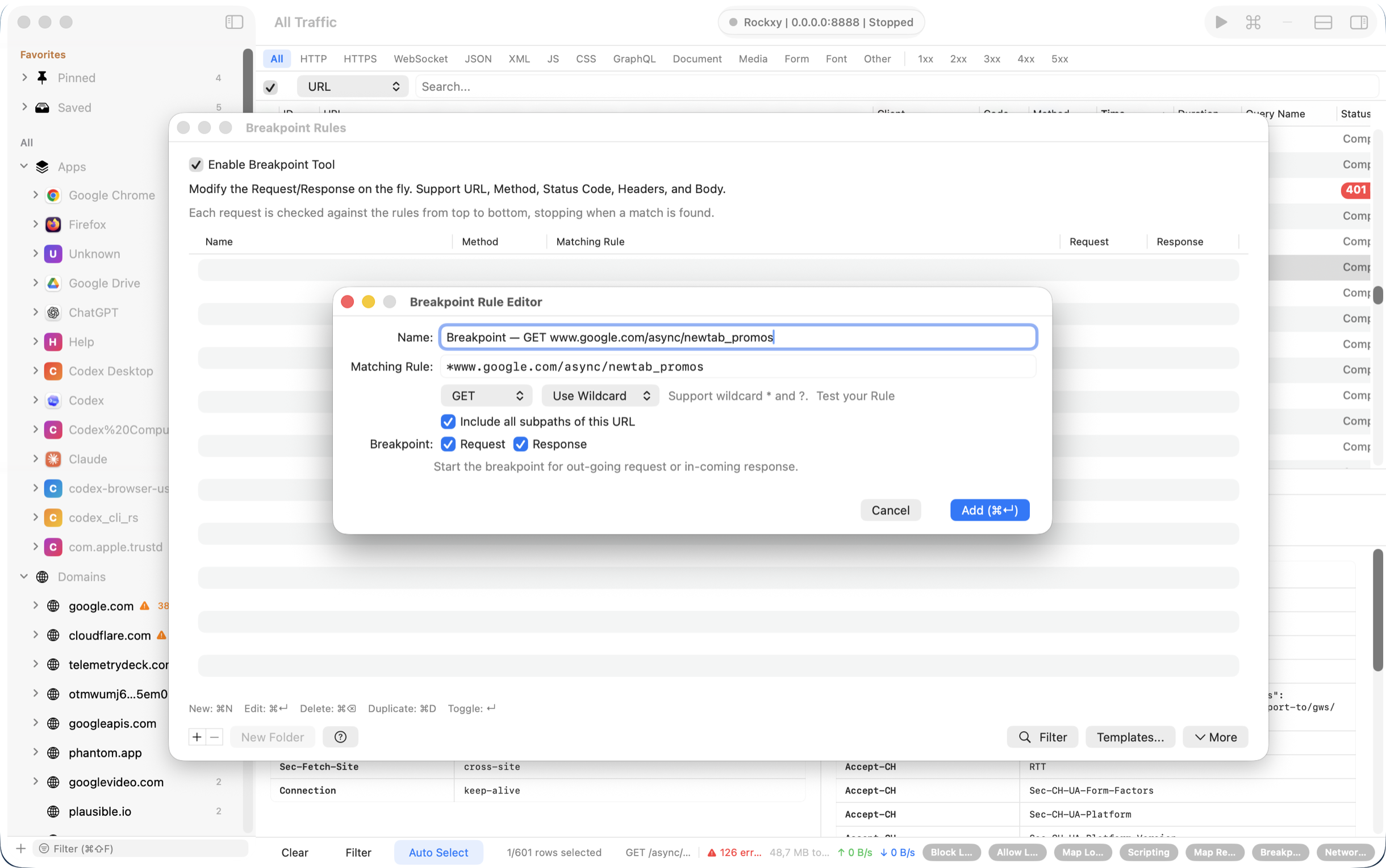 Rockxy breakpoints pausing a request to edit method, headers, body, or status mid-flight