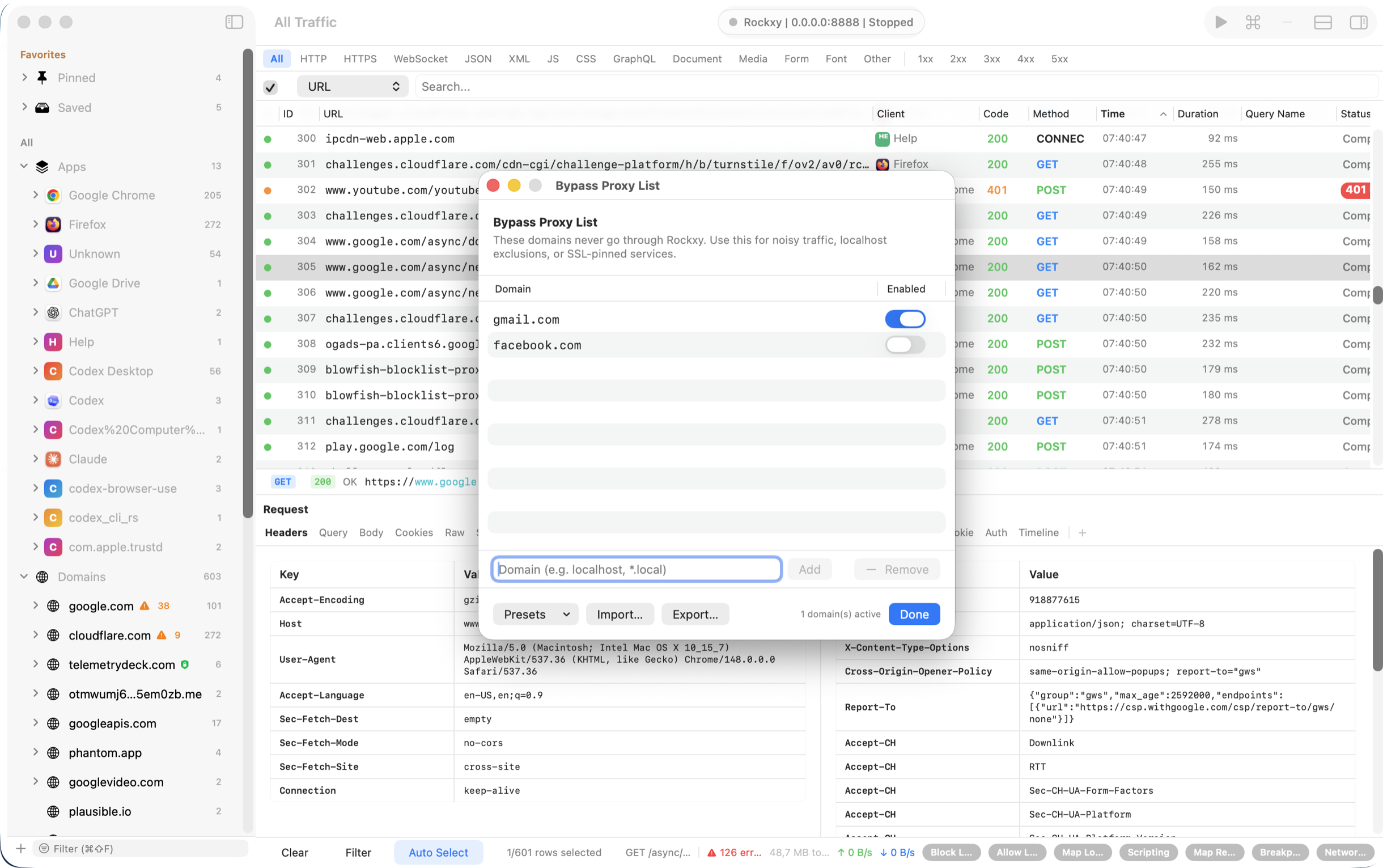 Rockxy bypass proxy list skipping cert-pinned apps and noisy telemetry hosts