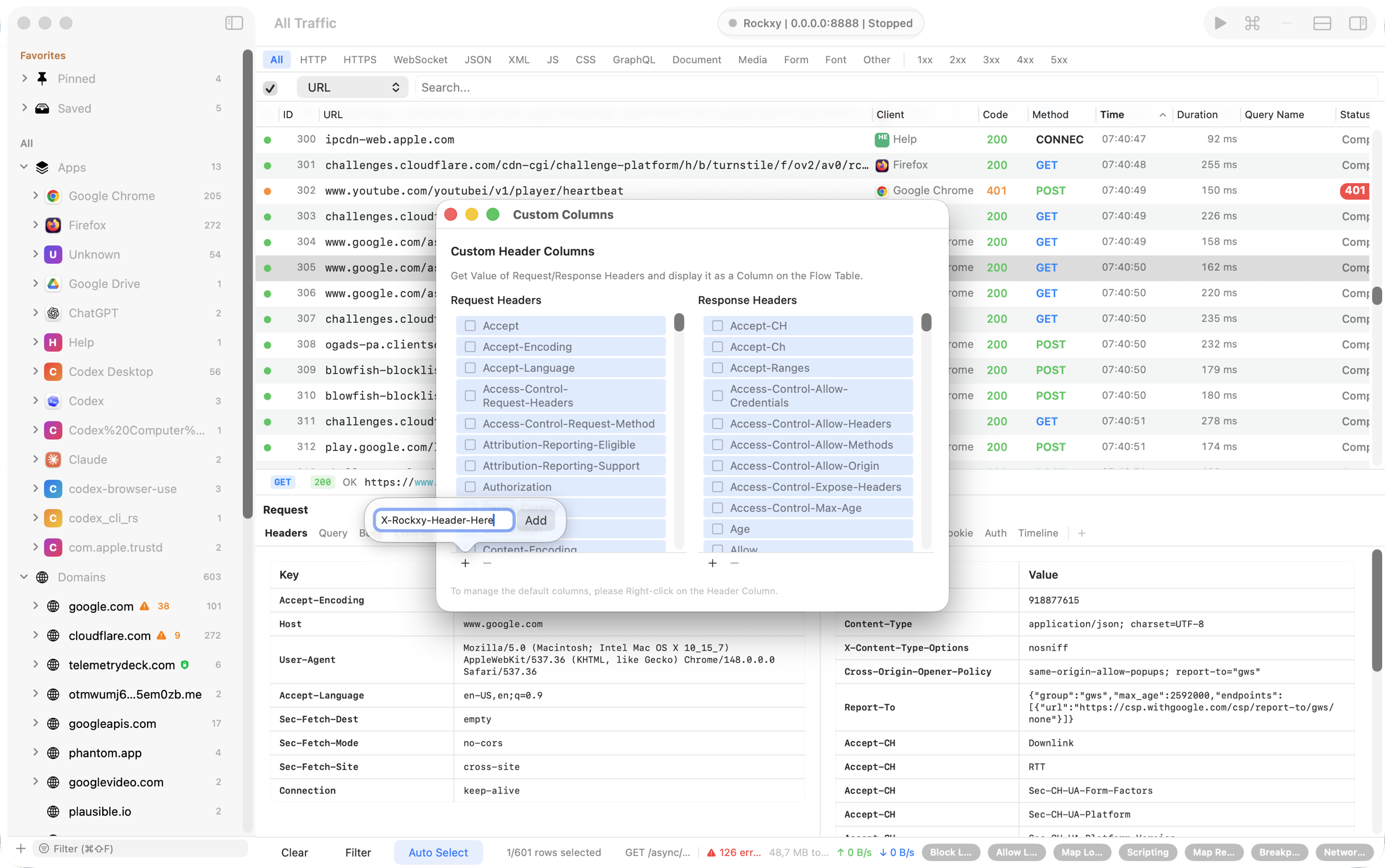 Rockxy custom request and response header rules injecting tokens and stripping cookies