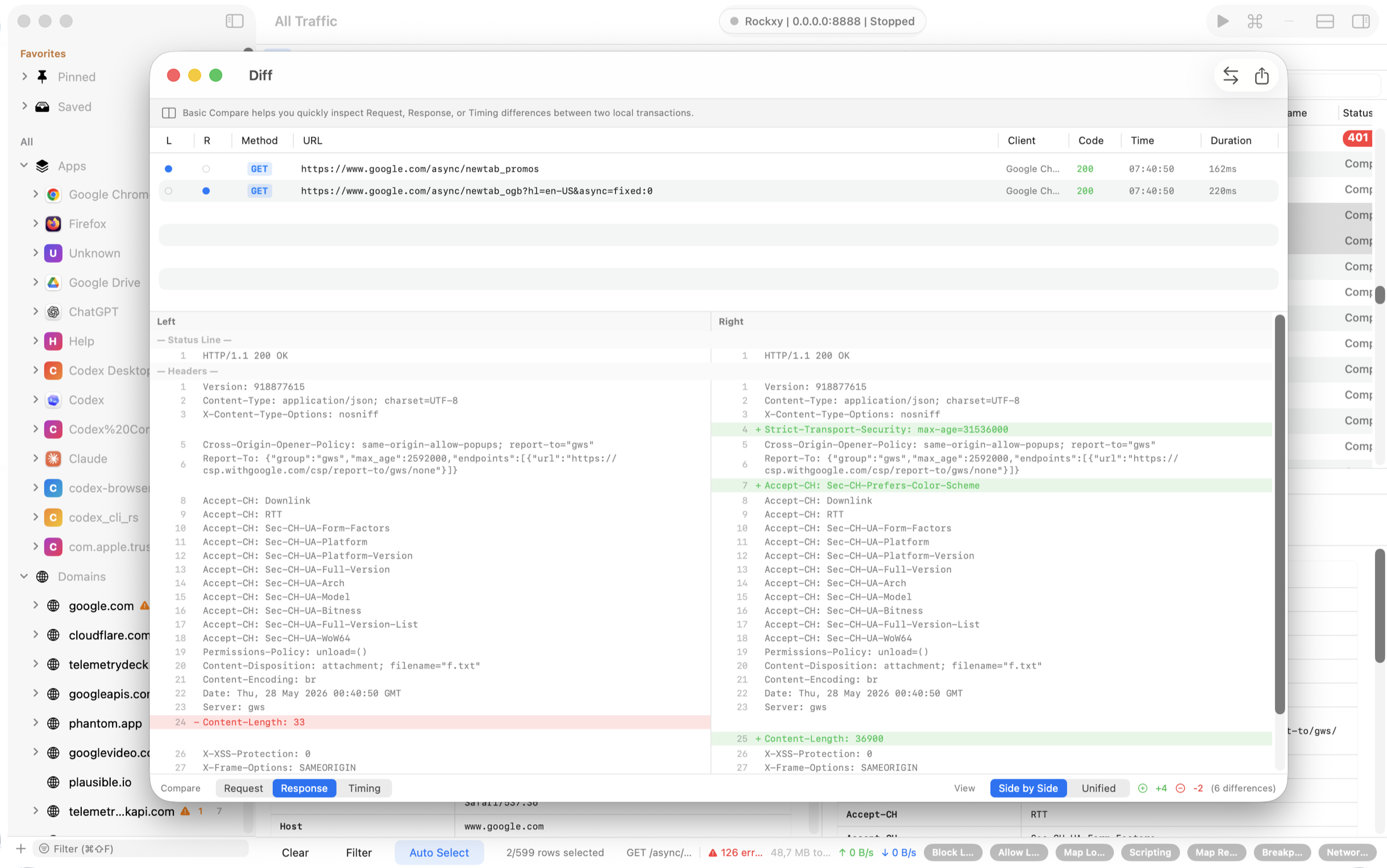 Rockxy comparing two captured responses side-by-side with JSON, header, and body diff