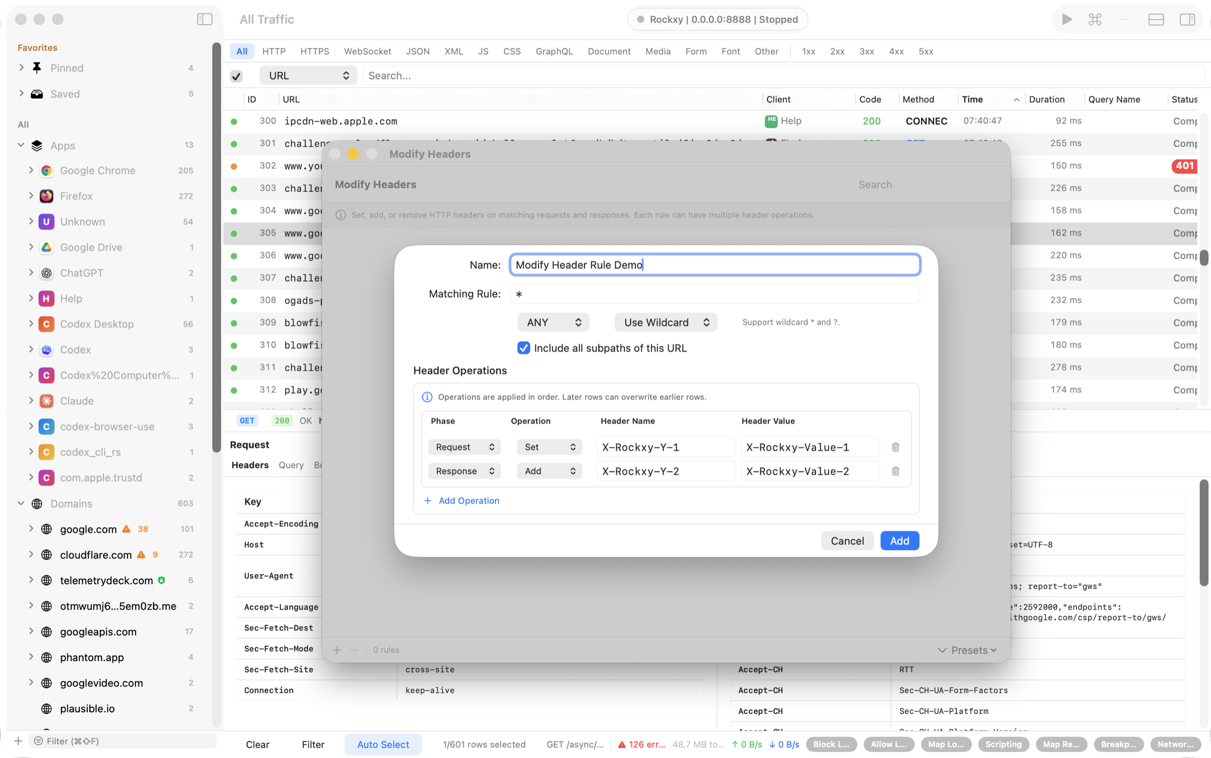 Rockxy modifying request and response headers per host with CORS and auth presets