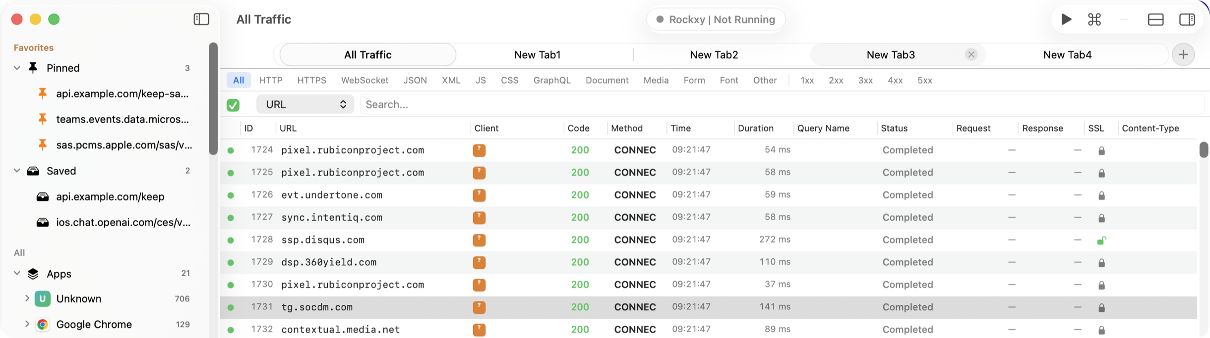 Rockxy multi-tab workspaces running independent capture sessions side-by-side