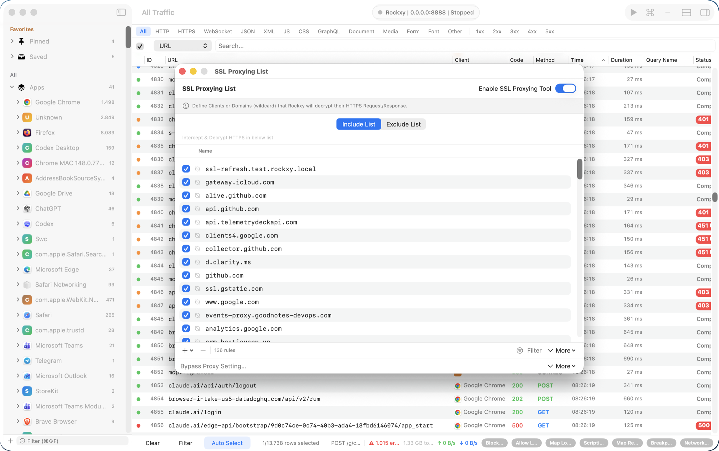 Rockxy SSL proxy settings showing per-host TLS decryption rules with wildcard patterns and allow list