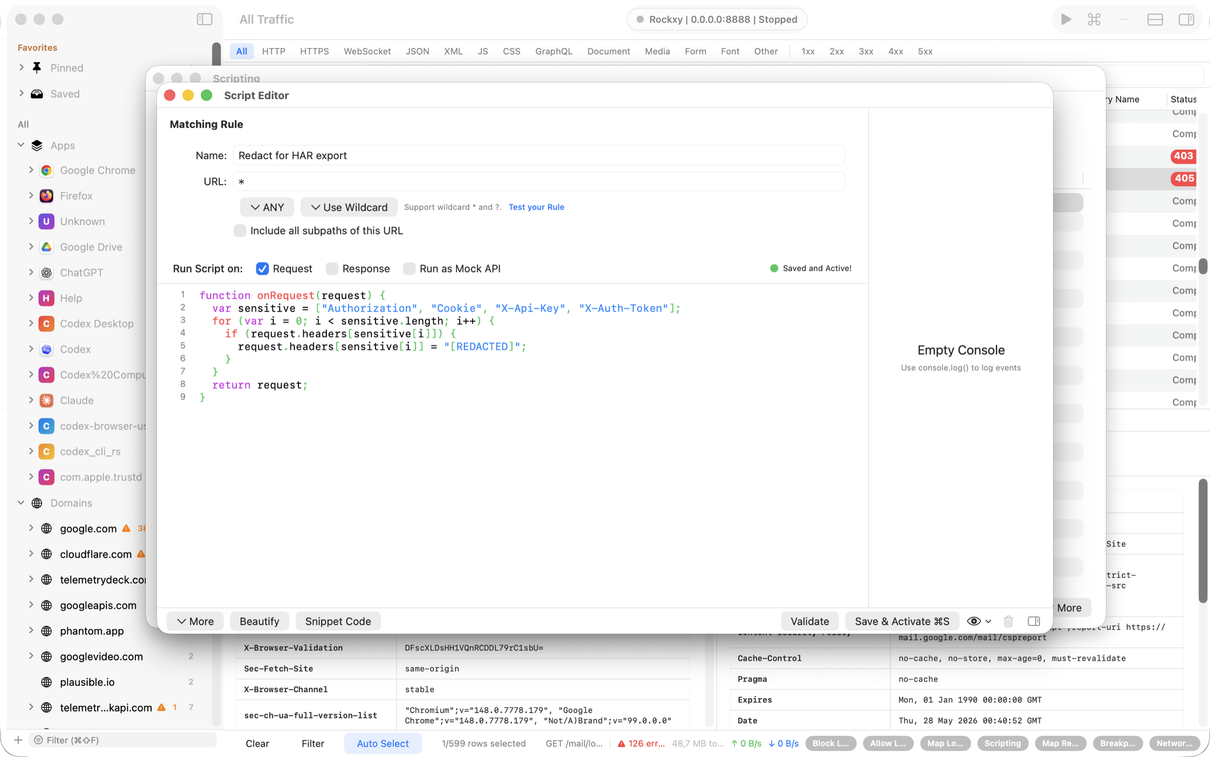 Rockxy JavaScript scripting with request and response hooks and inline error feedback