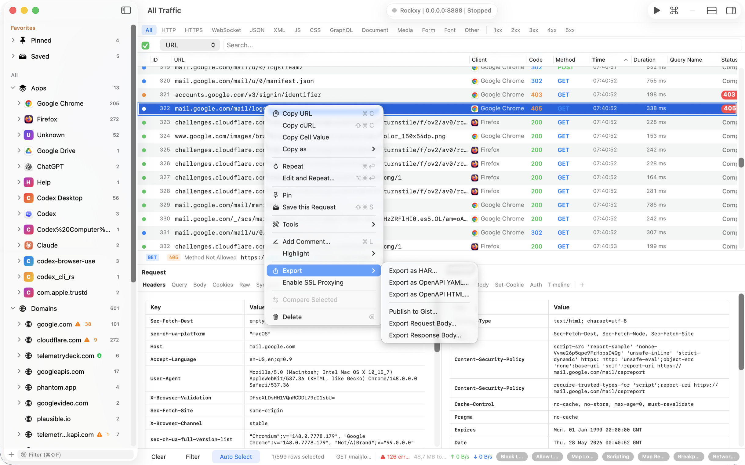 Rockxy session export to HAR, cURL, and JSON with secret redaction before sharing