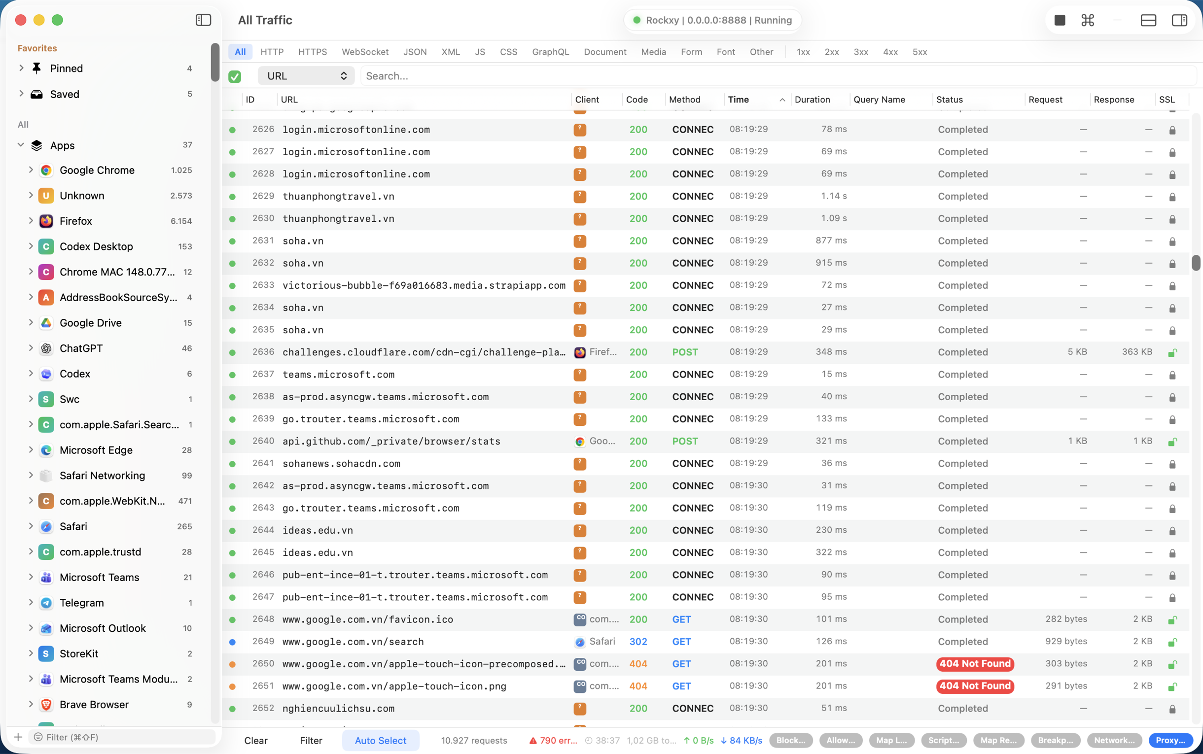 Rockxy capturing HTTP, HTTPS, WebSocket, and GraphQL traffic with a timing waterfall