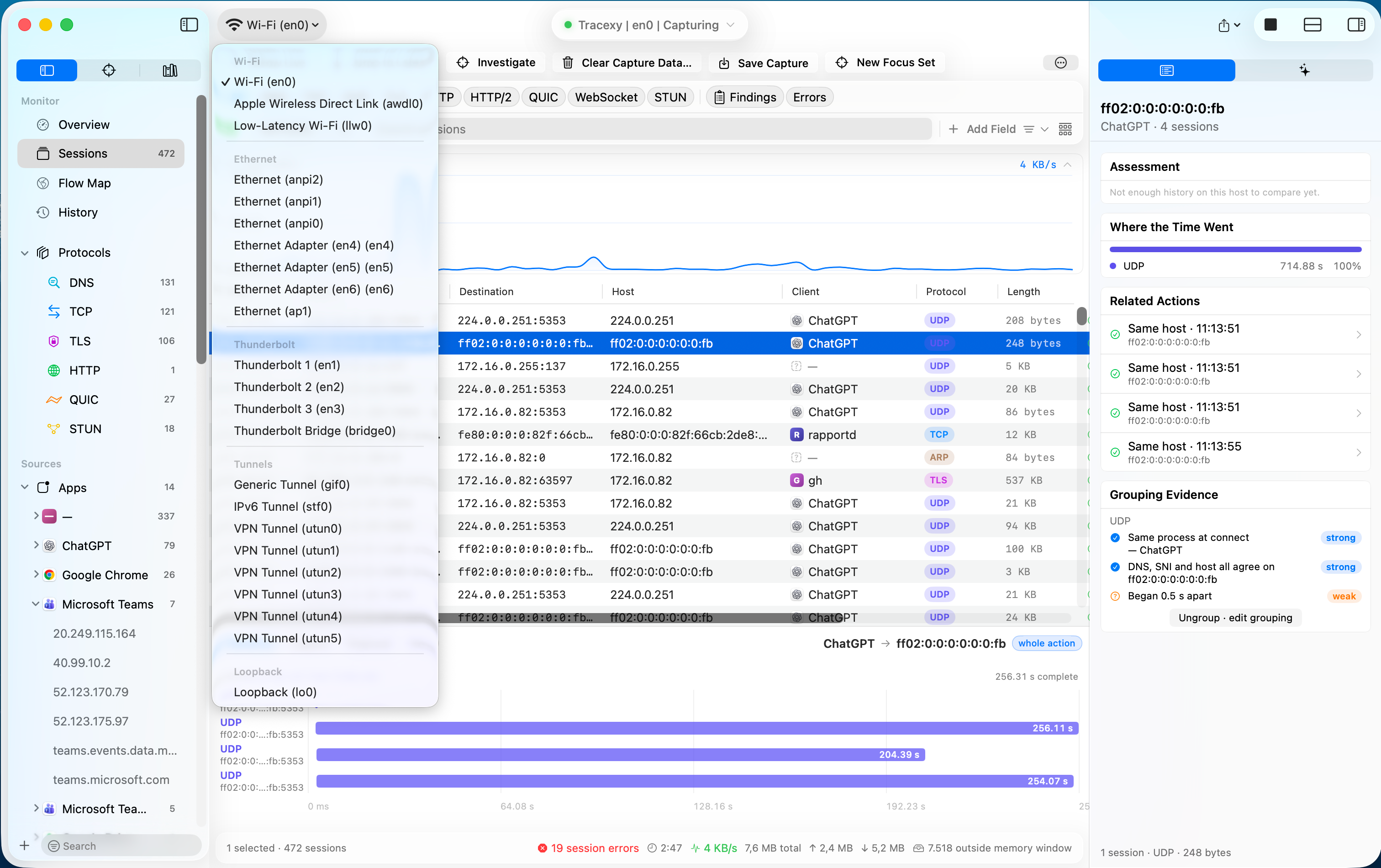 Tracexy interface picker showing Wi-Fi, Ethernet, Thunderbolt, tunnel, VPN, and loopback sources