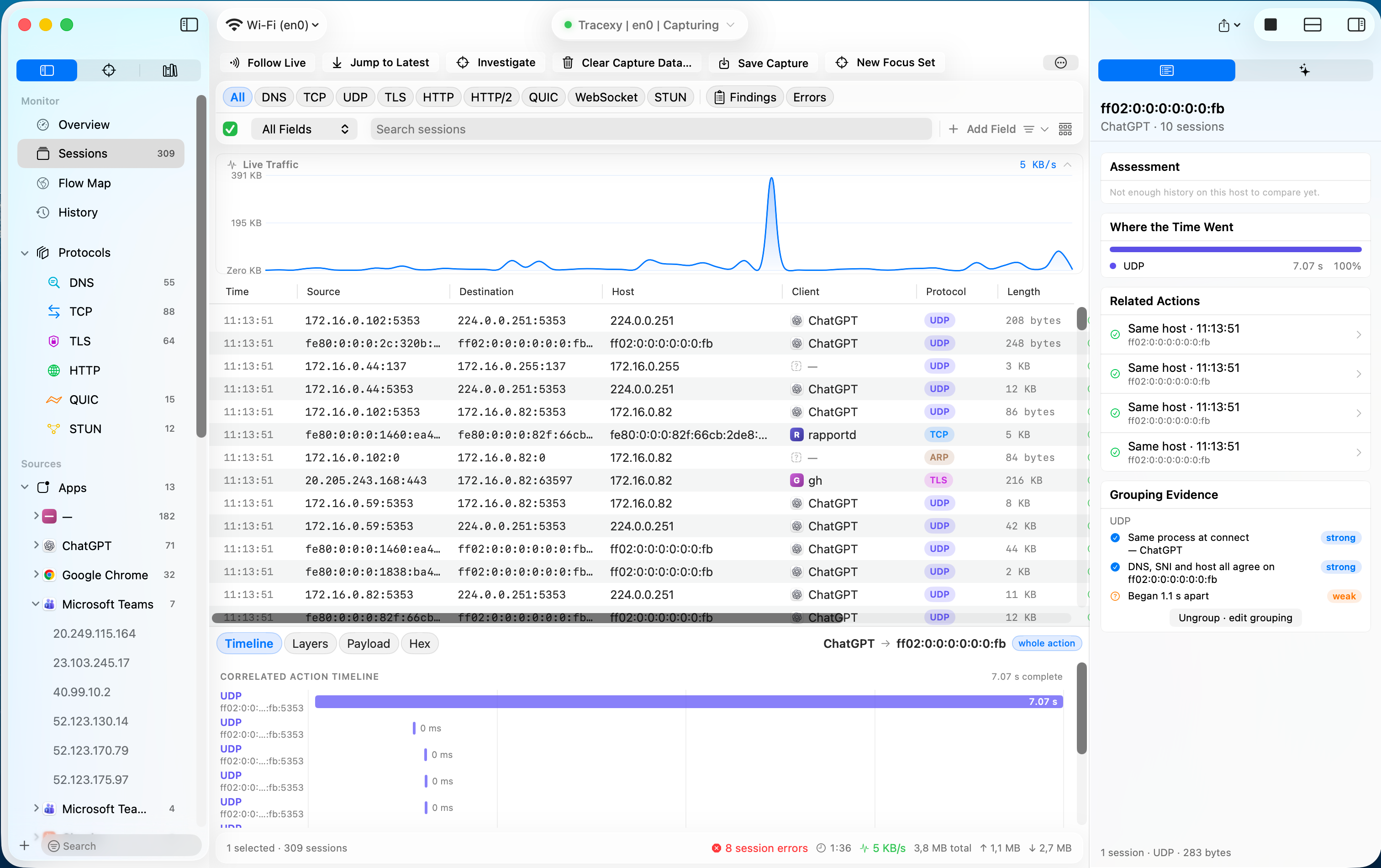 Tracexy live capture workspace with session list, traffic graph, decoded packet fields, and raw bytes