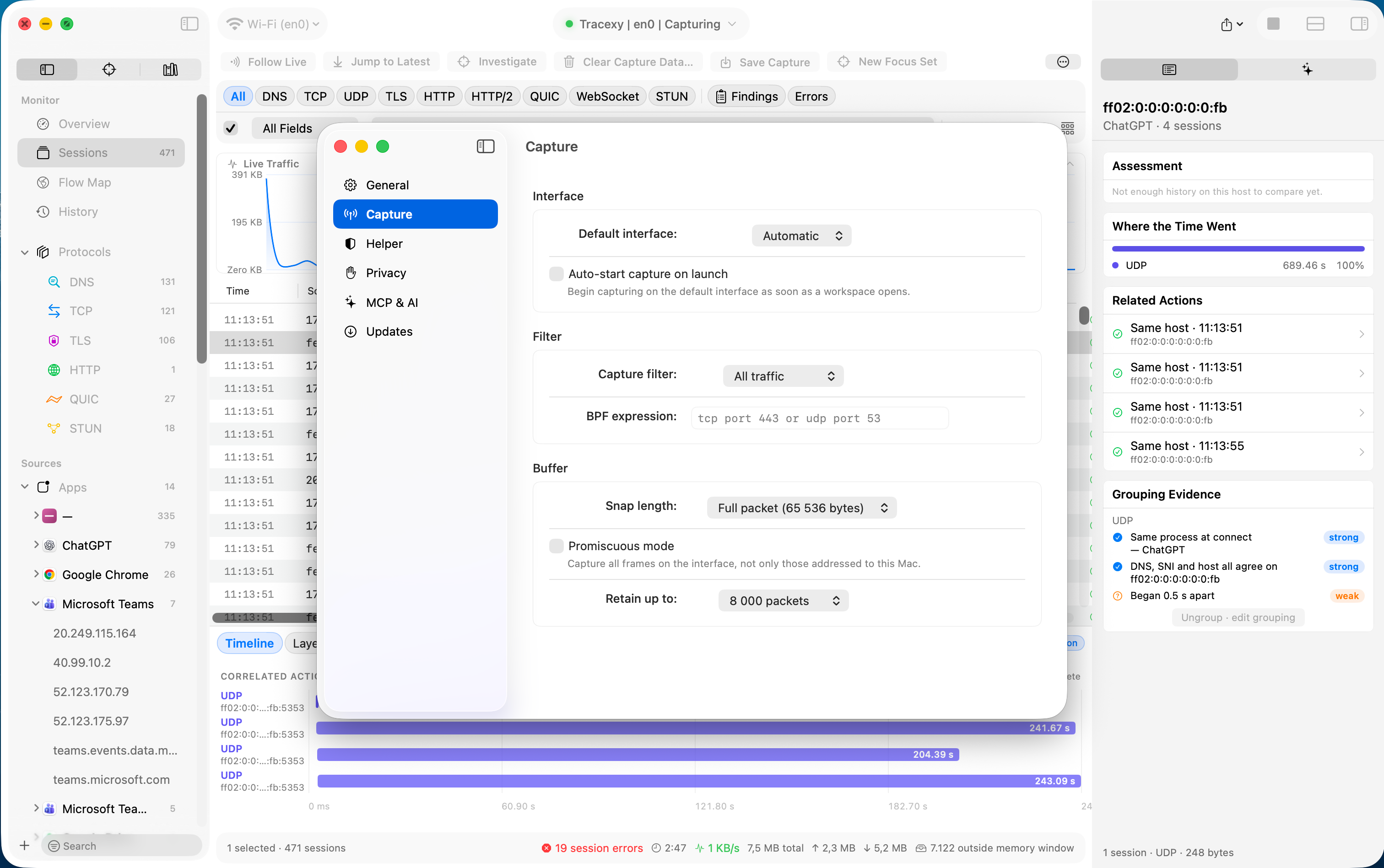 Tracexy capture settings for interface selection, BPF filters, snap length, and packet retention