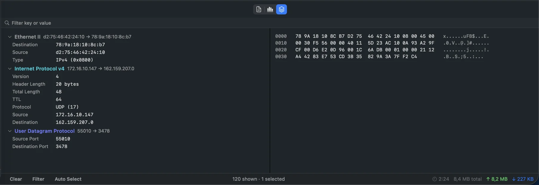 Tracexy packet inspector showing decoded protocol fields beside raw hexadecimal bytes